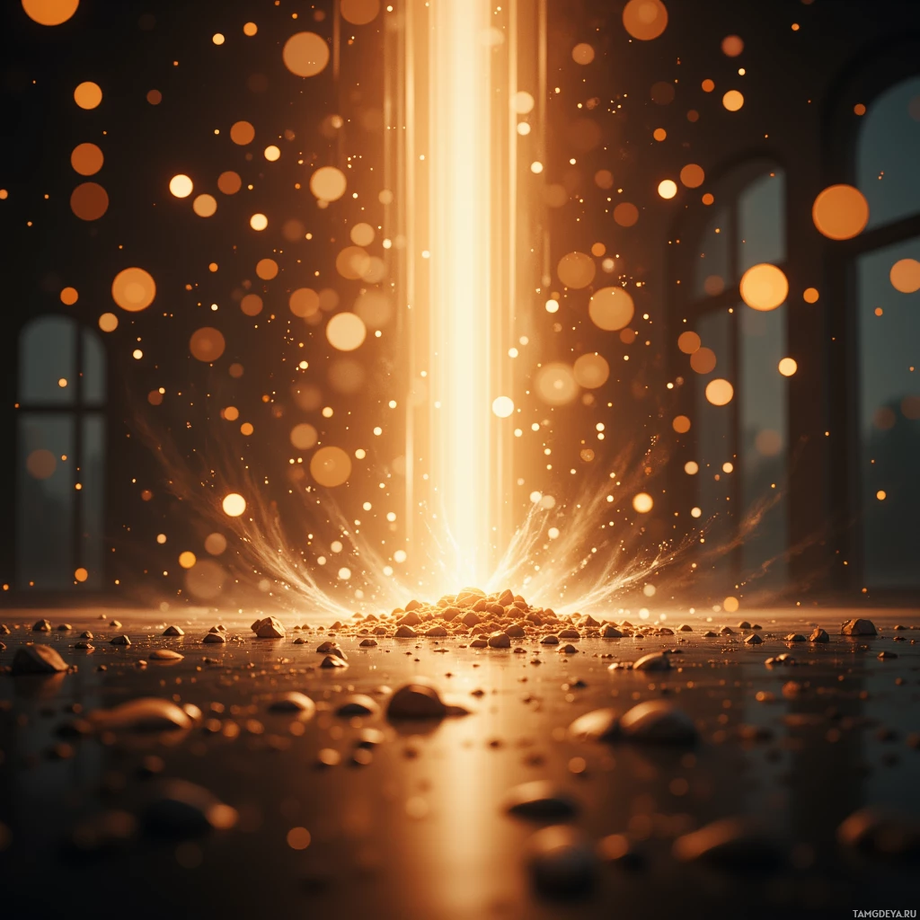 A radiant light beam illuminates a room with scattered stones and floating golden particles.