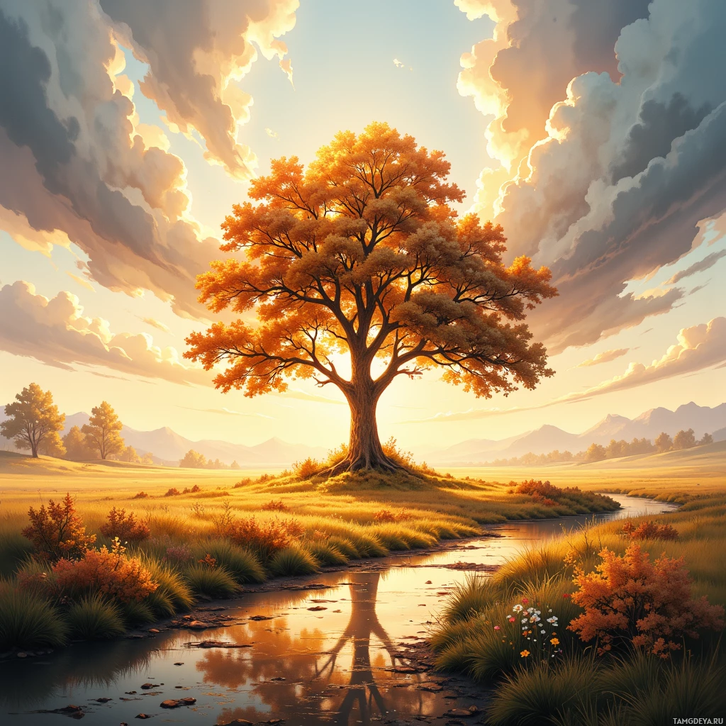 A serene landscape featuring a solitary tree with golden leaves, a calm river, and distant mountains under a partly cloudy sky.