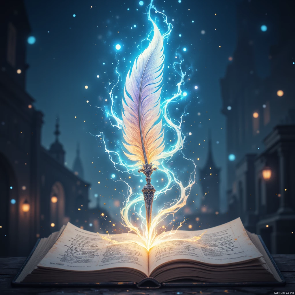 An open book with a glowing, electrified quill emerging from it, set against a dark, starry background.