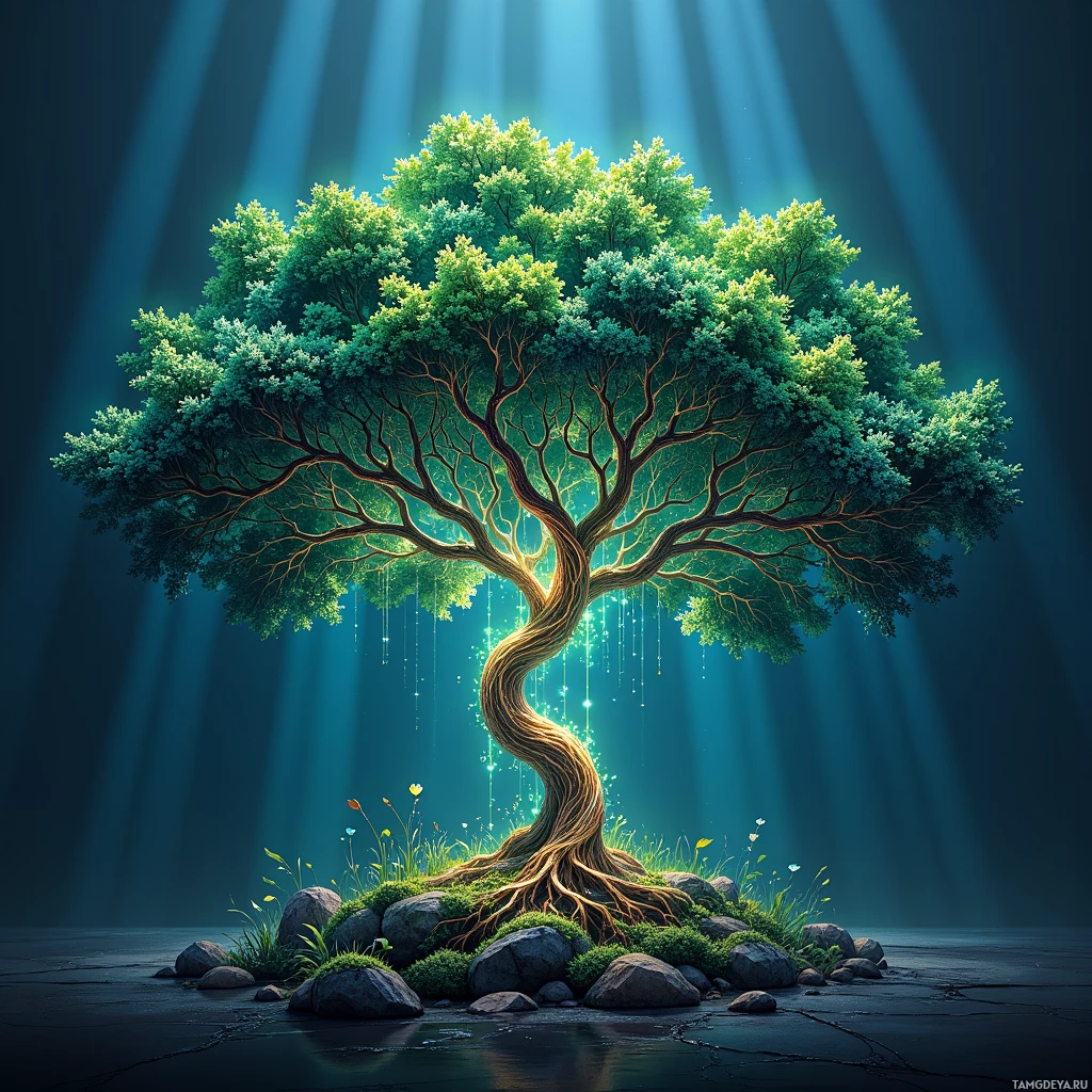 A vibrant, sunlit tree with lush green foliage and intricate branches stands on a rocky island surrounded by water.