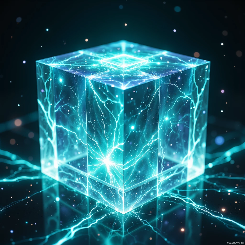 A glowing, transparent cube with intricate blue lightning patterns and sparkling particles against a dark background.
