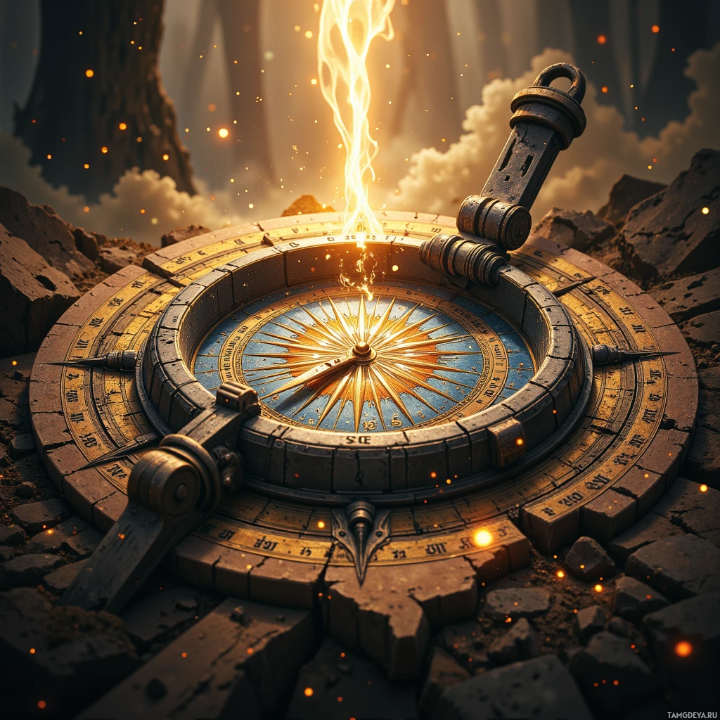 A compass with a glowing needle rests on rocky ground amidst a dramatic sky.