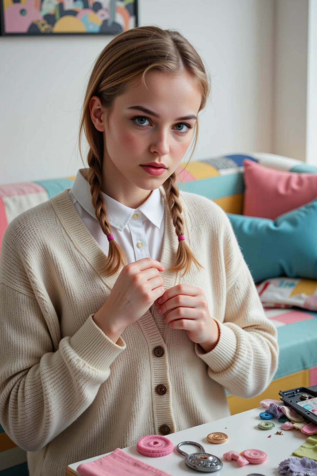 A young person with braided hair wearing a white shirt and beige cardigan stands in a colorful room.