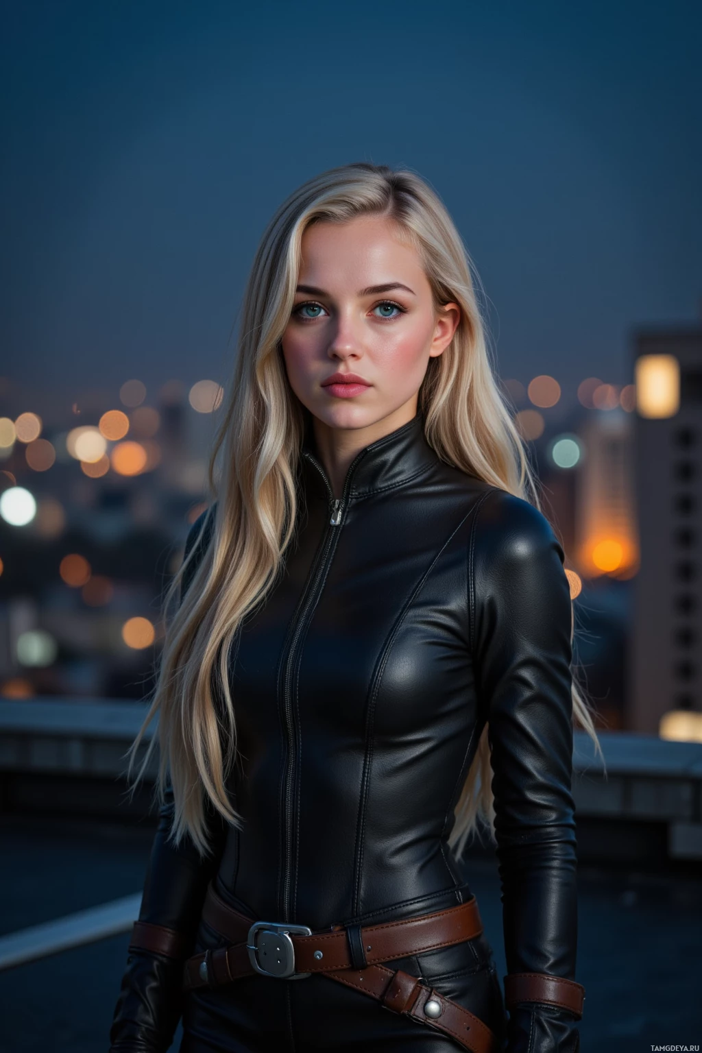 A woman in a black leather outfit stands against a cityscape at dusk.