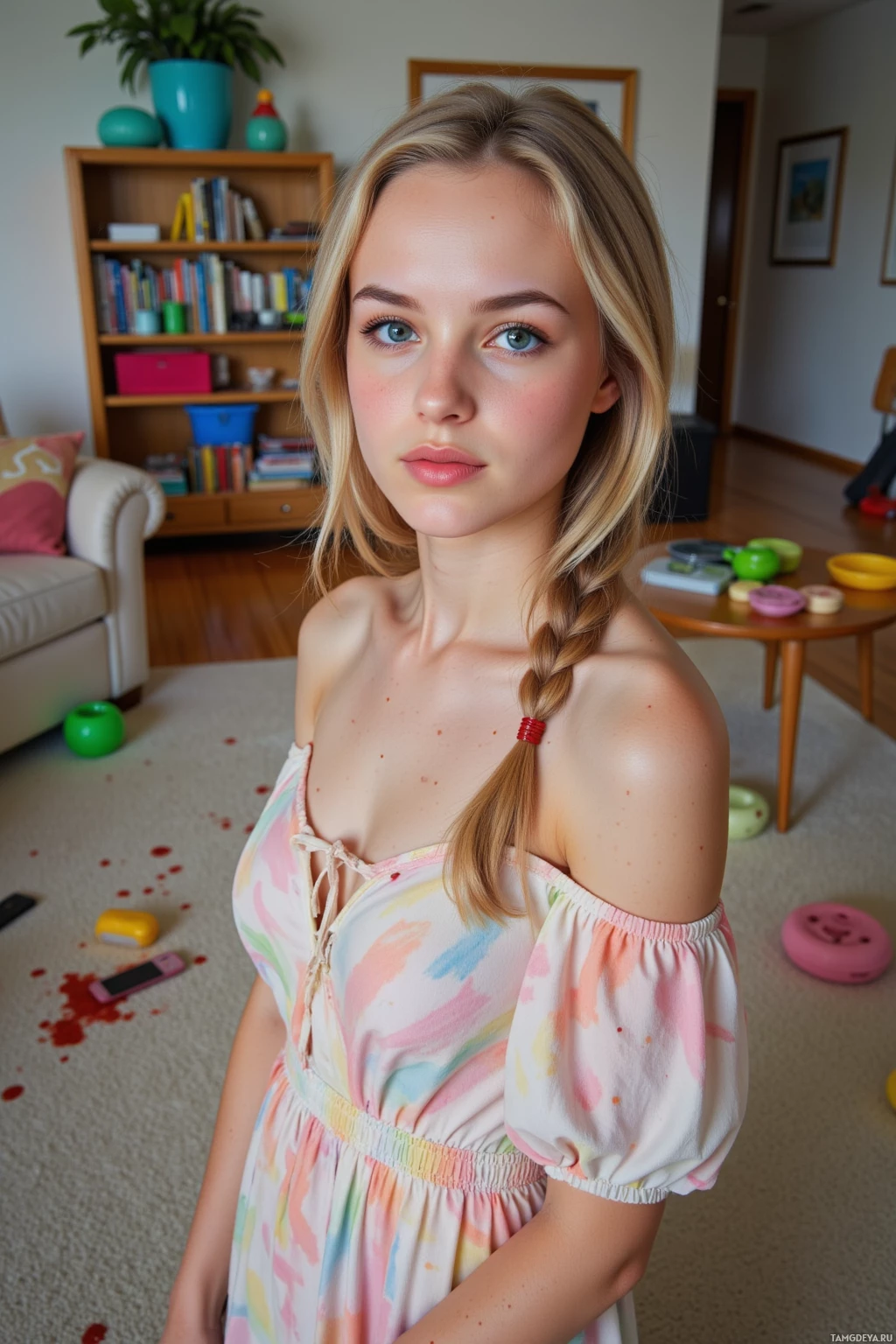 A young woman with blonde hair in a braid, wearing a pastel tie-dye dress, stands in a living room.