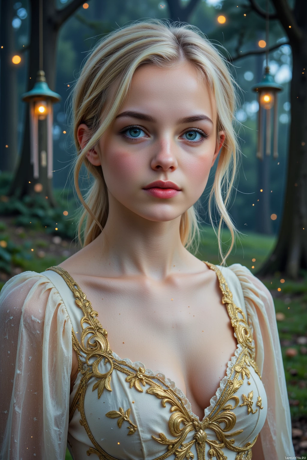 A woman with blonde hair and blue eyes wears an ornate, cream-colored dress with gold embroidery in a forest setting.