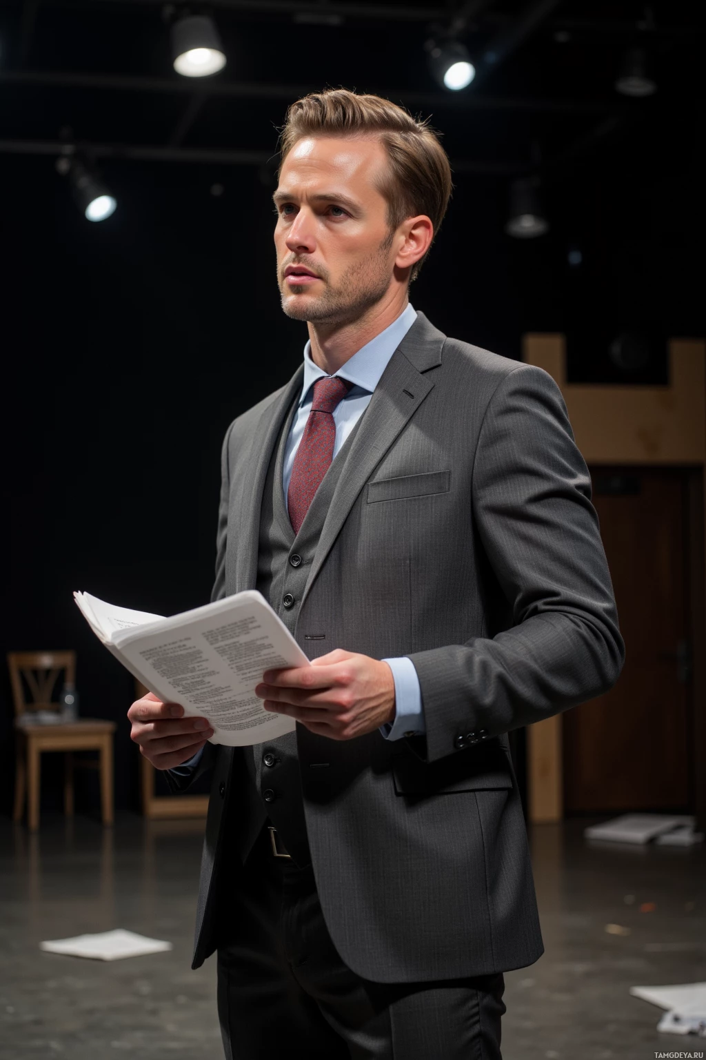 A man in a suit holds a script while standing in a dimly lit room.