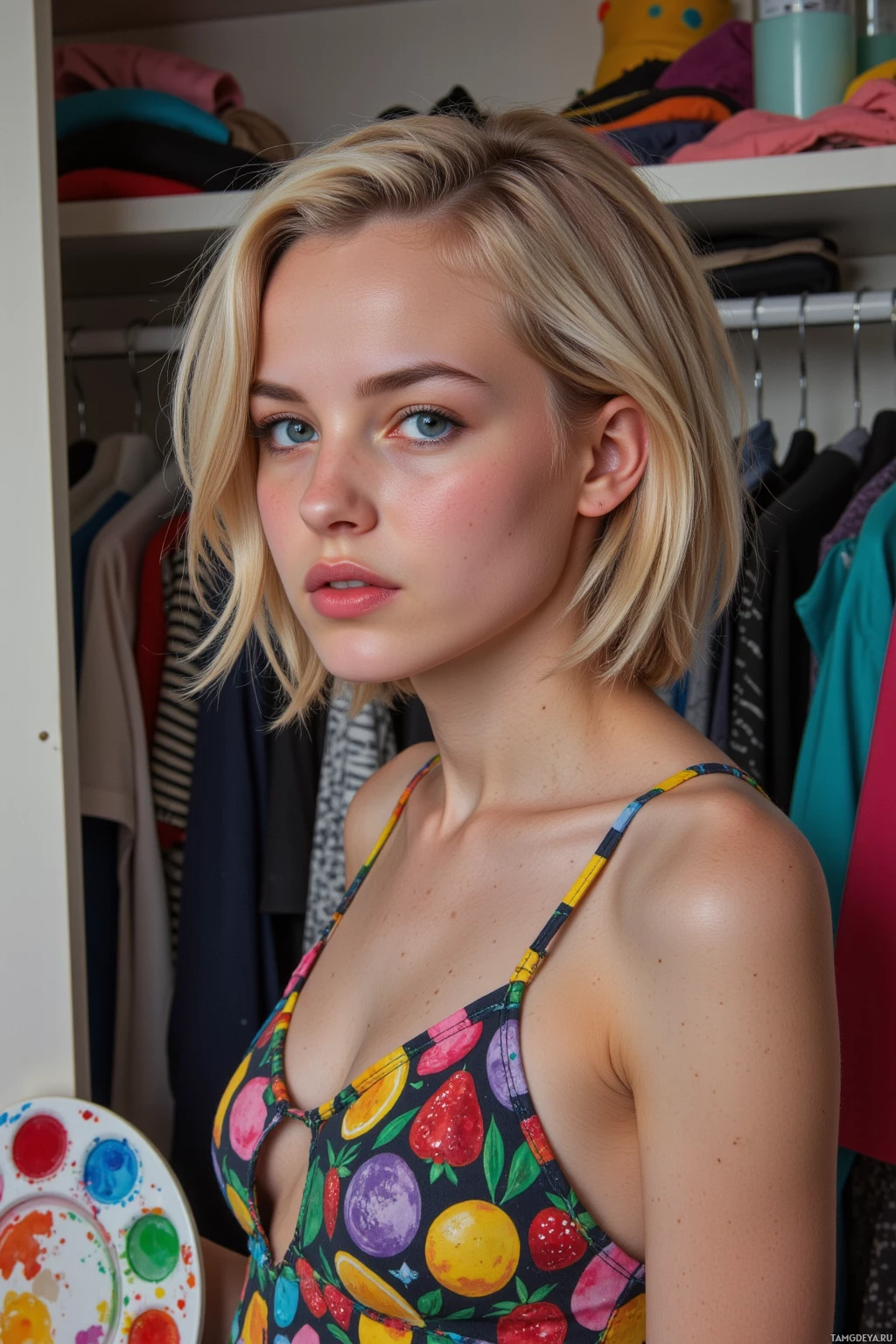 A person with blonde hair and a colorful fruit-patterned top stands in front of a closet.