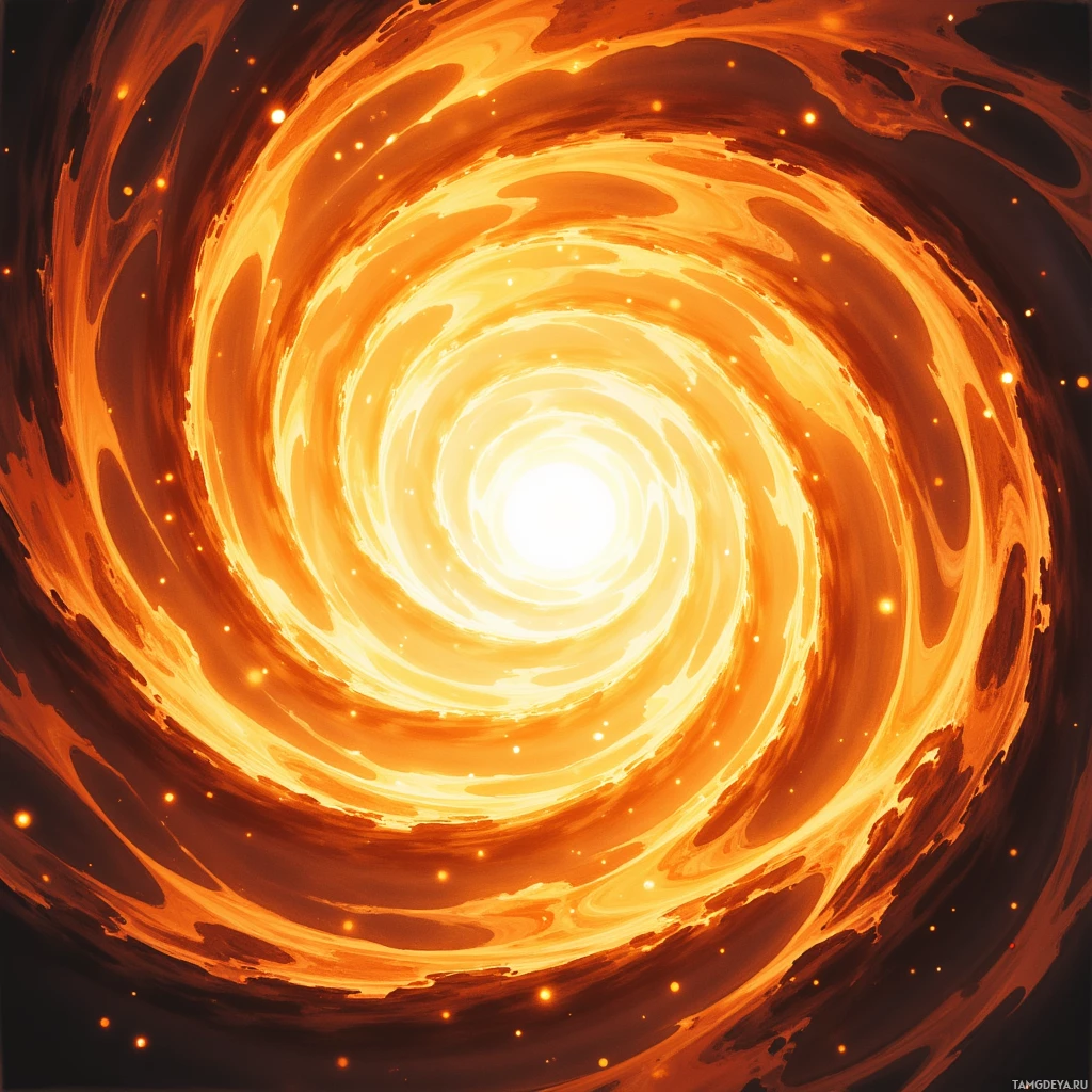 A swirling vortex of fiery orange and yellow hues with glowing particles.