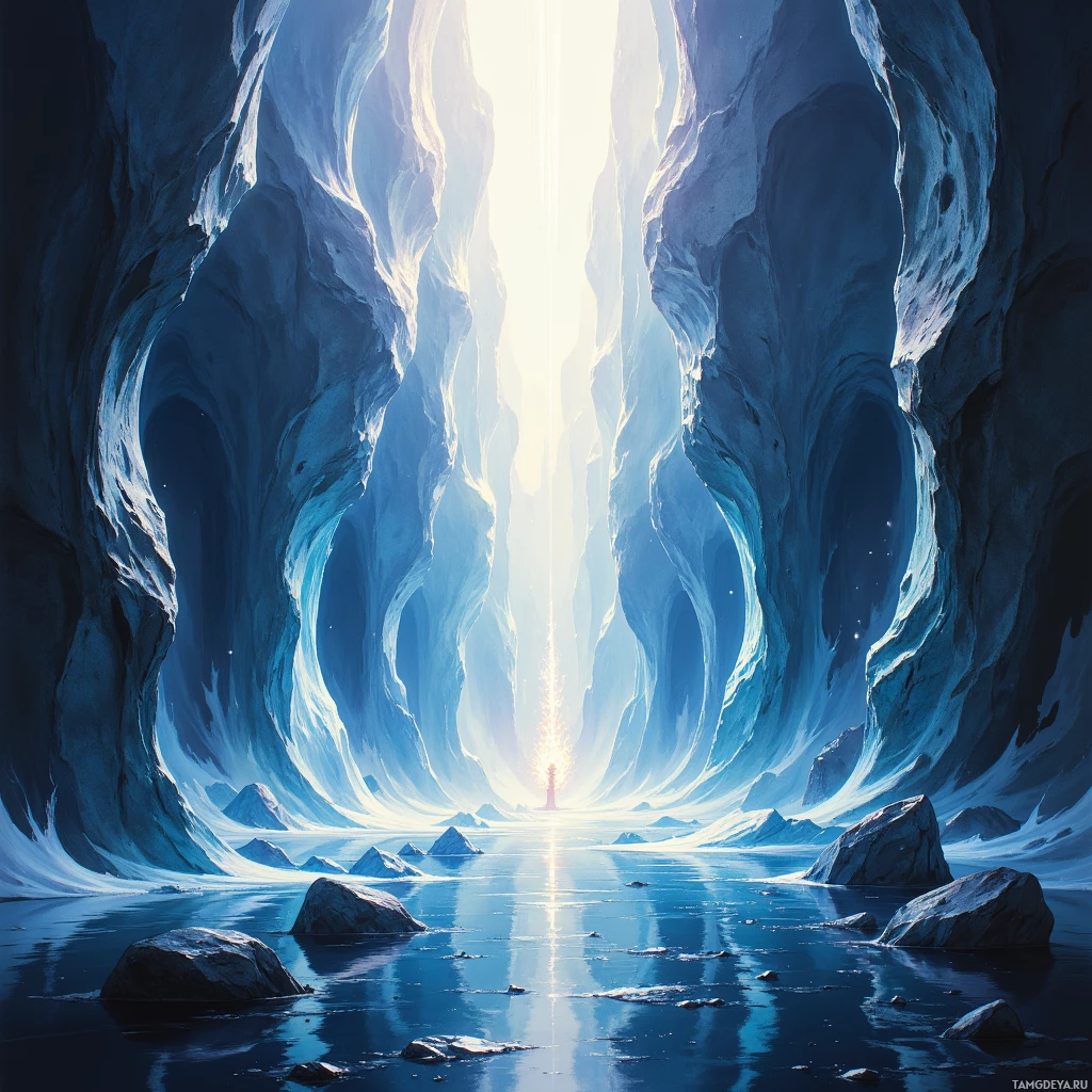A serene, icy landscape with towering, smooth rock formations and a bright light source at the horizon.
