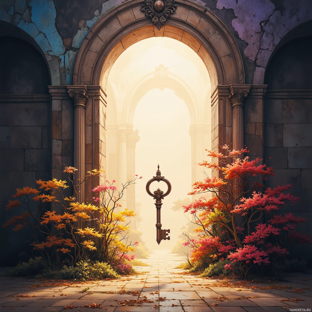 A grand archway leads to a bright, sunlit path adorned with colorful autumn foliage.