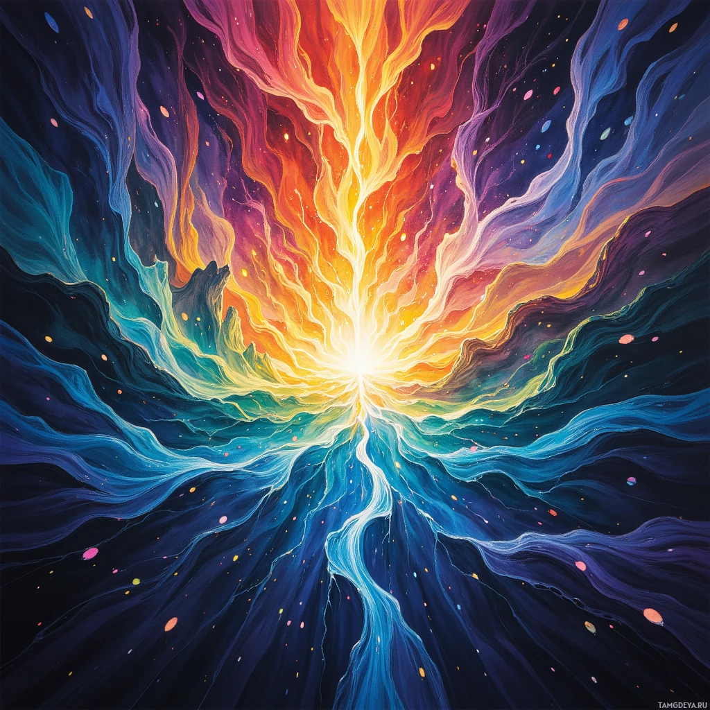 A vibrant cosmic explosion with swirling colors and radiant light at the center.