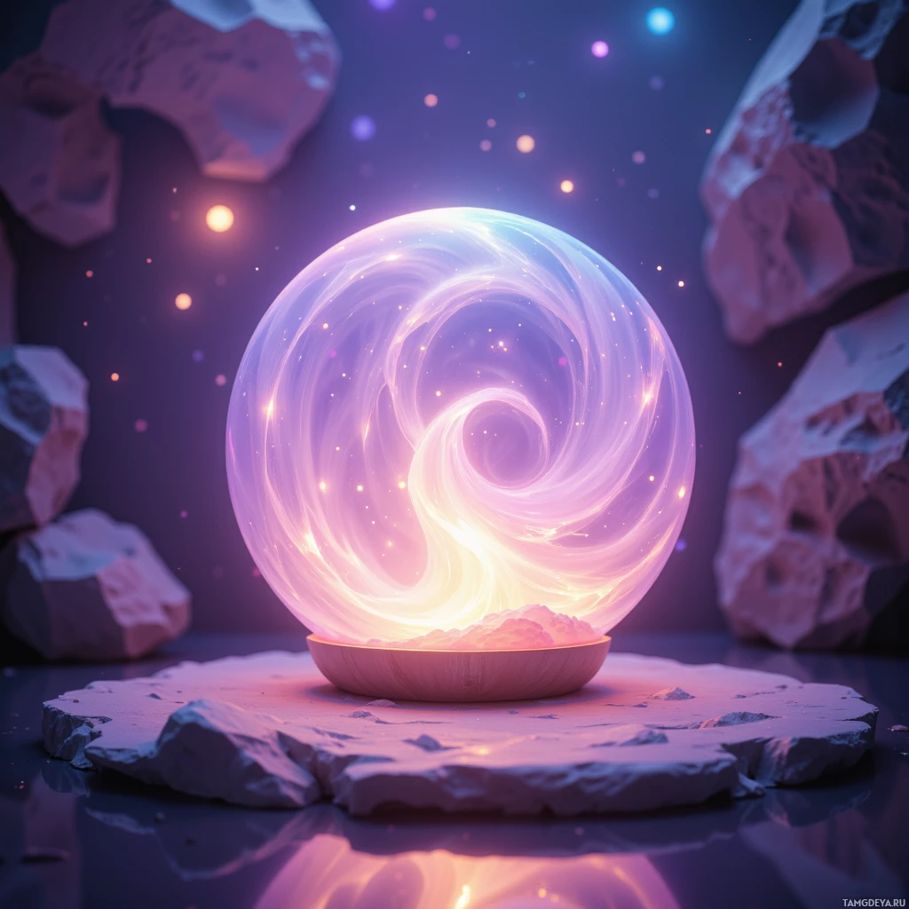 A glowing, swirling orb sits atop a rocky pedestal, surrounded by cosmic debris and a starry background.