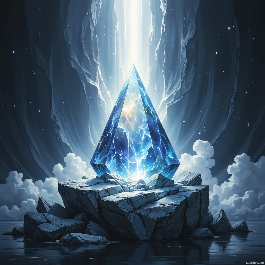 A glowing blue crystal pyramid sits atop a rocky outcrop, surrounded by a starry night sky and ethereal light beams.