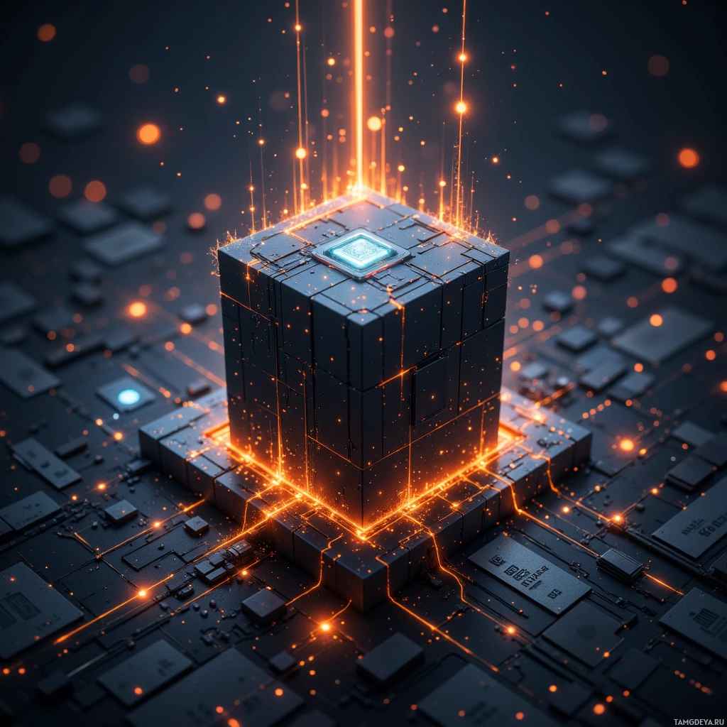 A futuristic cube with glowing orange lights and circuitry.