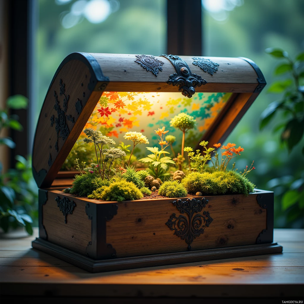 A wooden box with intricate carvings is open, revealing a miniature garden with colorful flowers and greenery inside.