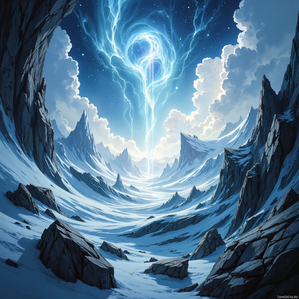 A serene, icy landscape with towering mountains and a glowing, ethereal portal in the sky.