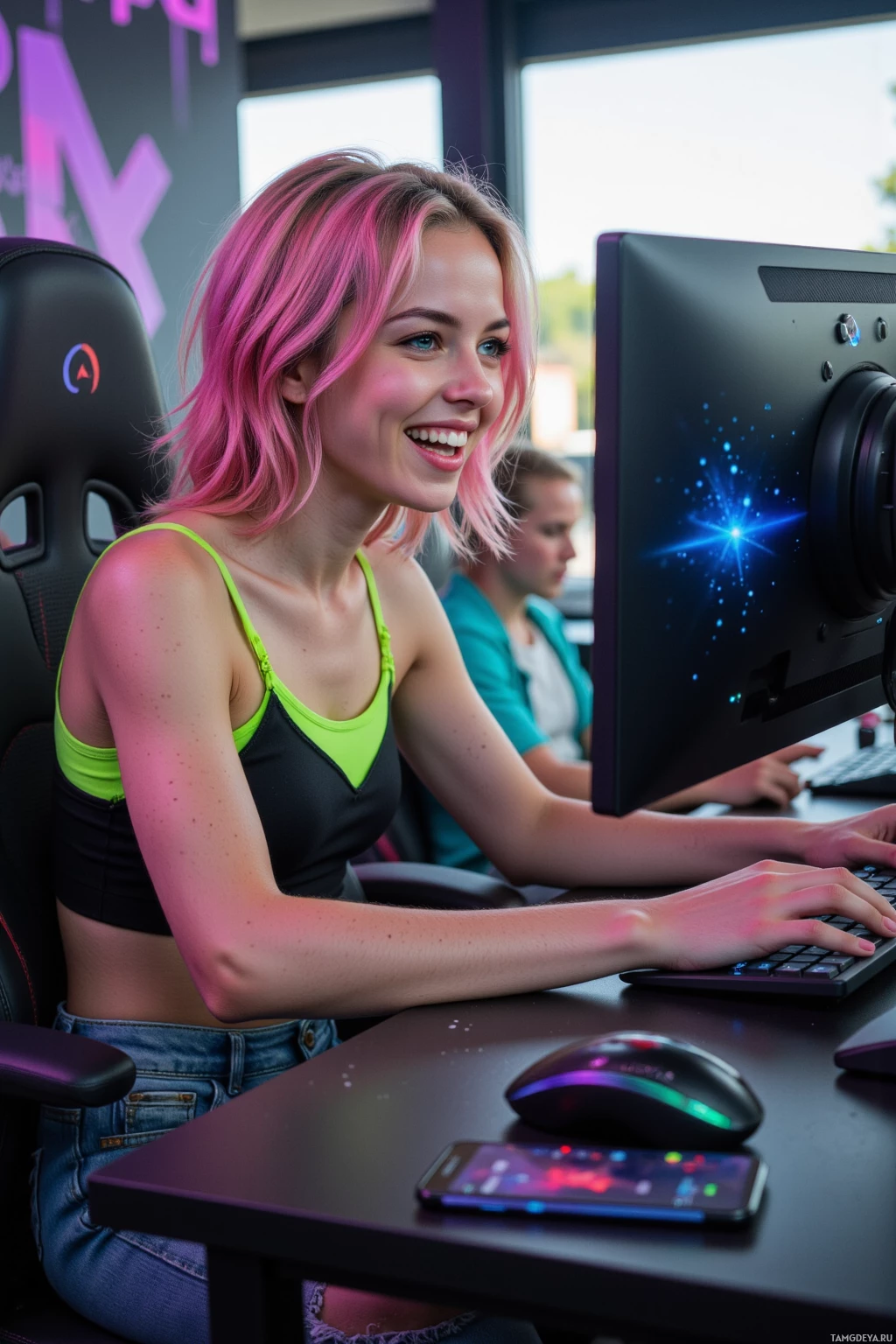 A young woman with pink hair smiles while sitting at a computer in a gaming setup.