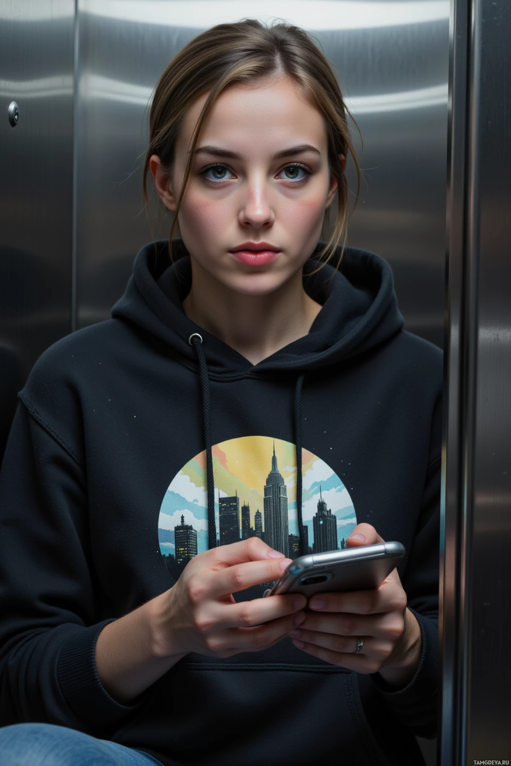 A person wearing a black hoodie with a cityscape design sits in an elevator, holding a phone.