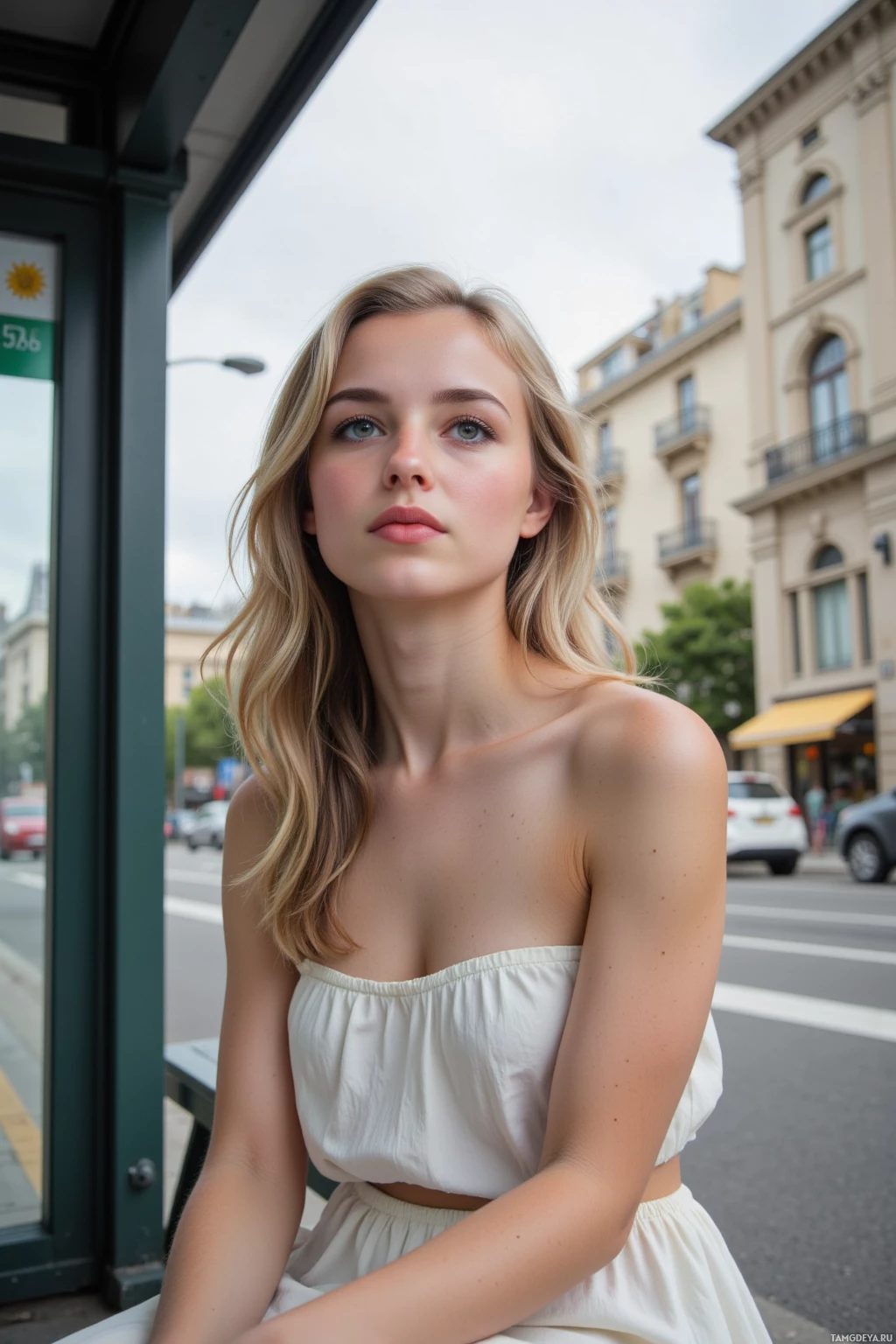 A woman in a white dress sits at a bus stop on a city street.