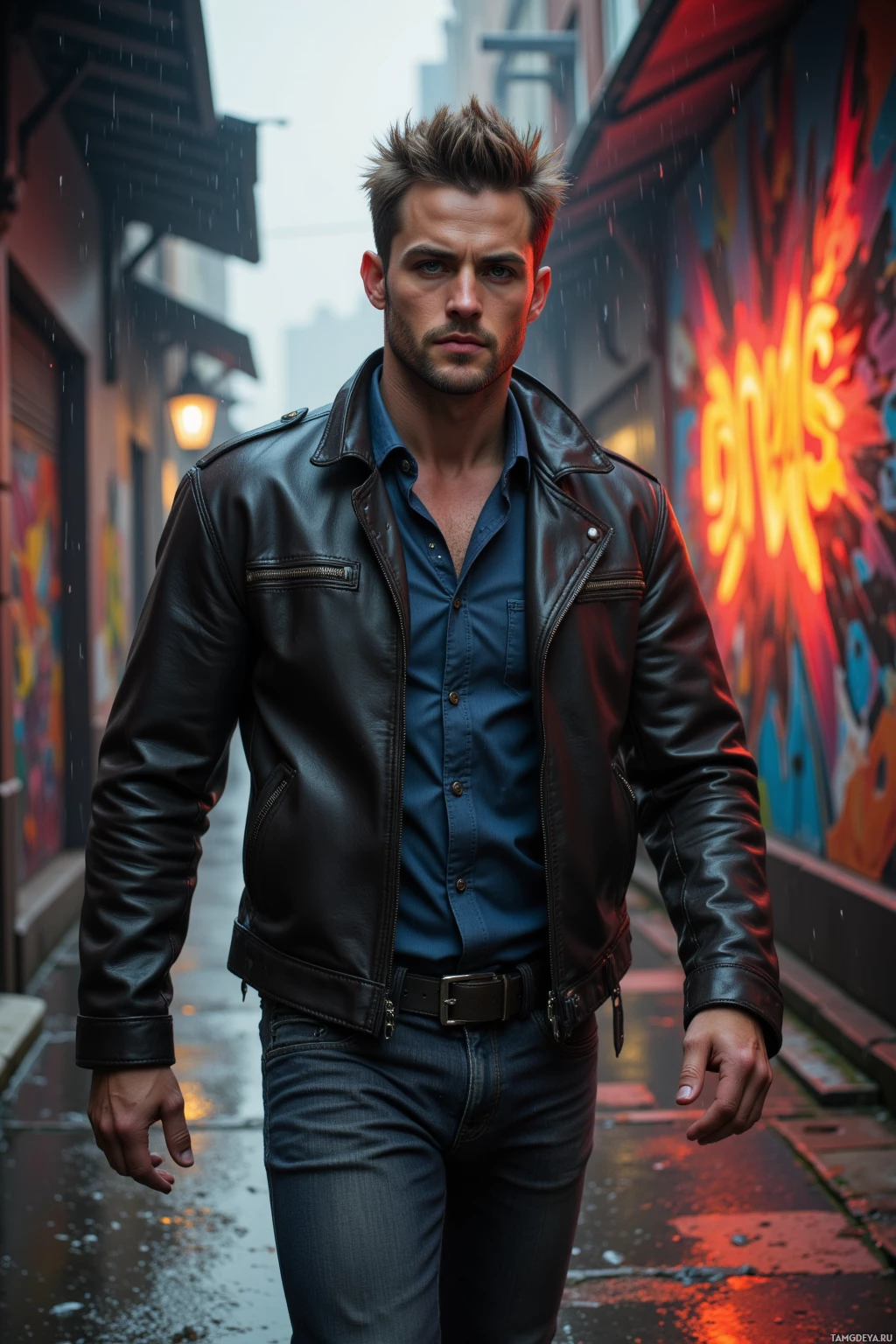 A man in a leather jacket and jeans stands in a rain-soaked alleyway with graffiti in the background.