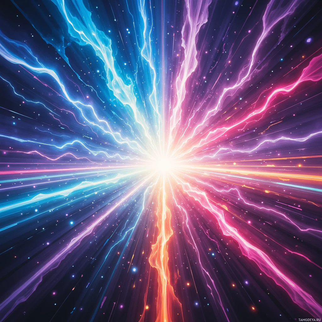 A vibrant cosmic explosion with streaks of blue, pink, and orange light radiating outward against a dark background.