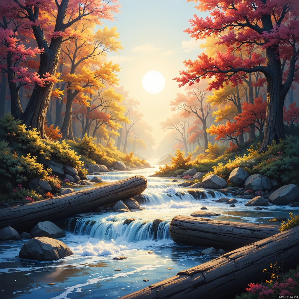 A serene autumn landscape featuring a river flowing through a forest with colorful trees and a bright sun in the sky.