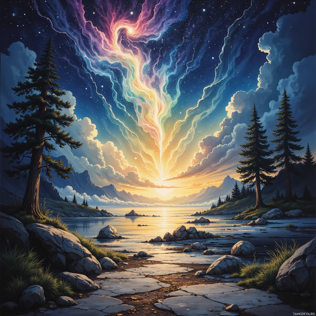 A serene landscape featuring a tranquil body of water, rocky shores, tall pine trees, and a vibrant sky with streaks of light and stars.