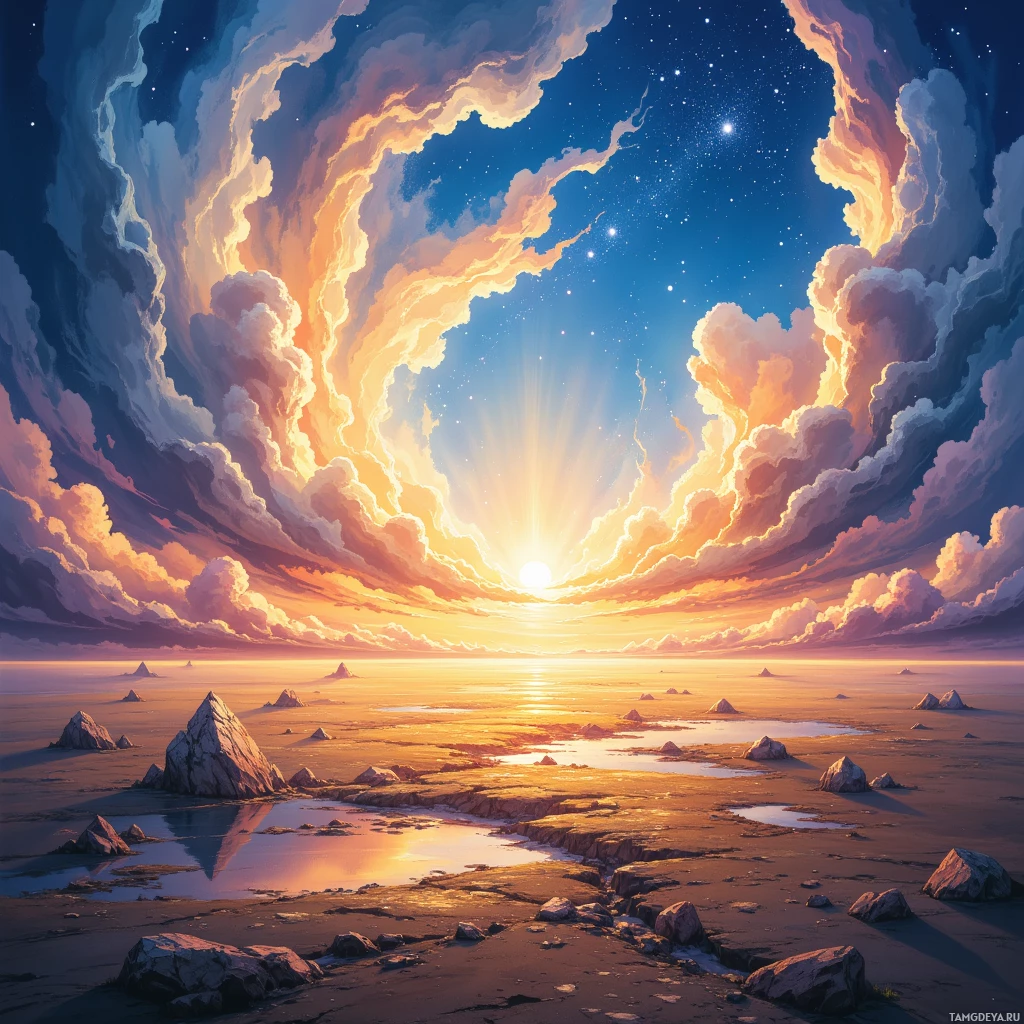 A serene sunset scene with vibrant clouds and a glowing sun reflecting on a calm landscape.