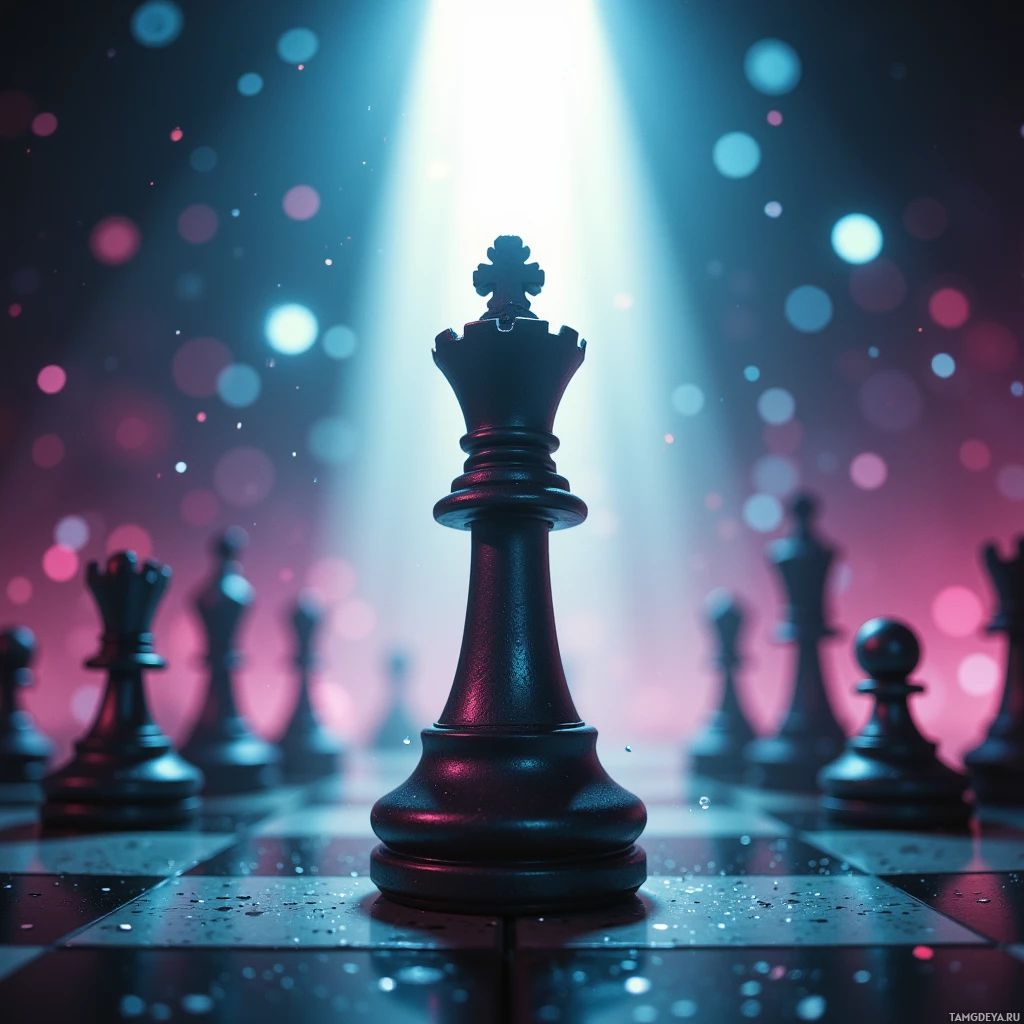 A black chess king stands prominently on a chessboard against a glowing, colorful background.