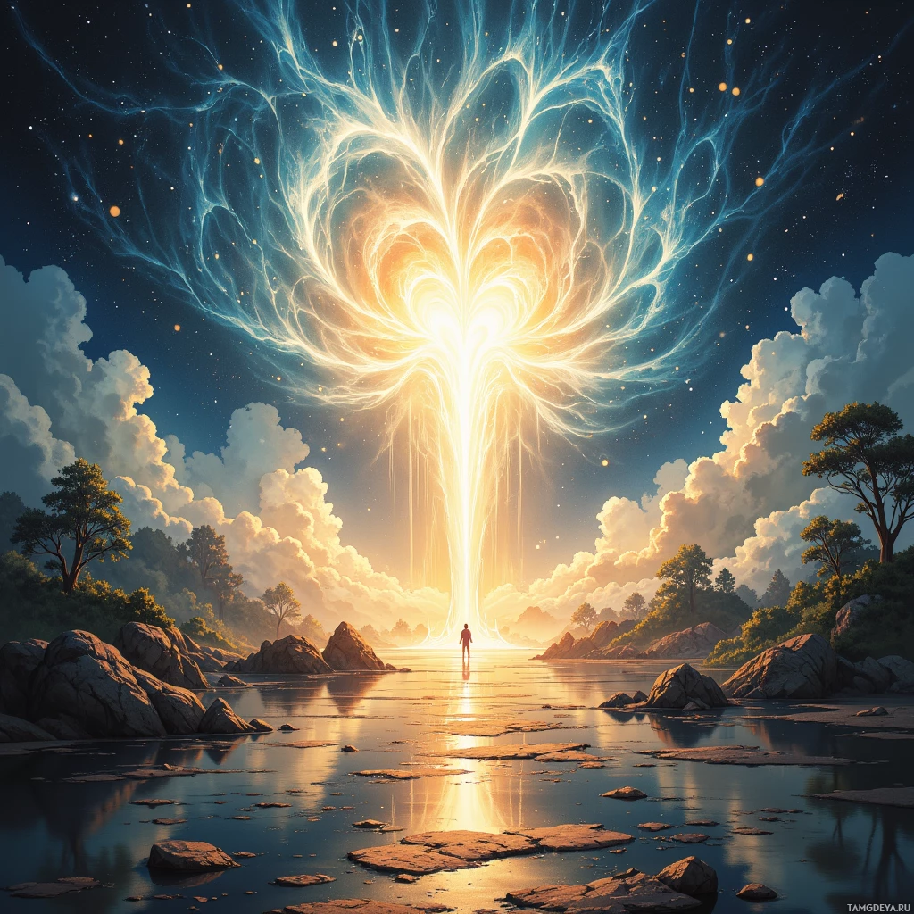 A serene landscape features a glowing, ethereal tree reaching towards the sky, with a person standing on a rocky shore beneath a starry night sky.