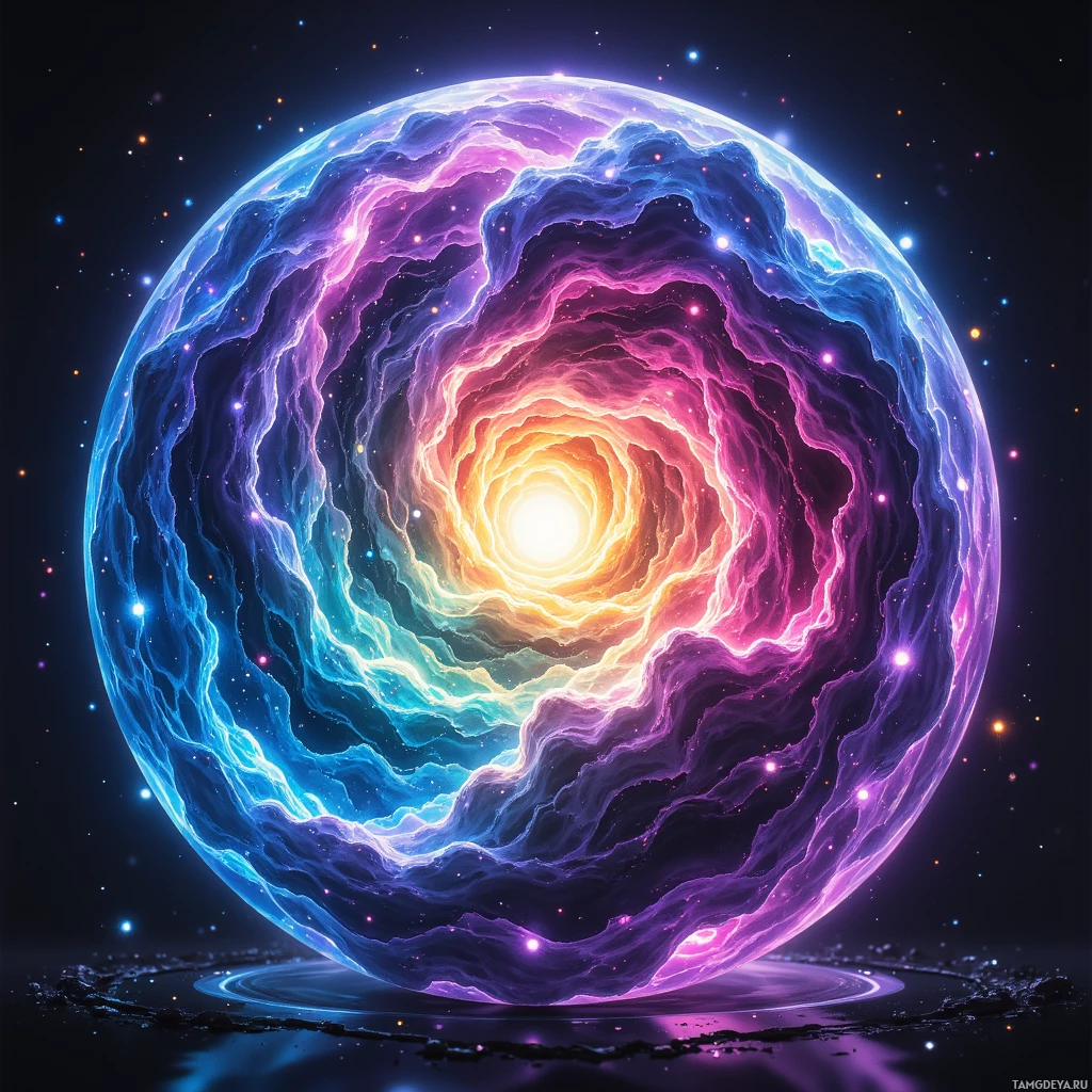 A vibrant, swirling cosmic sphere with a glowing center and star-like particles.