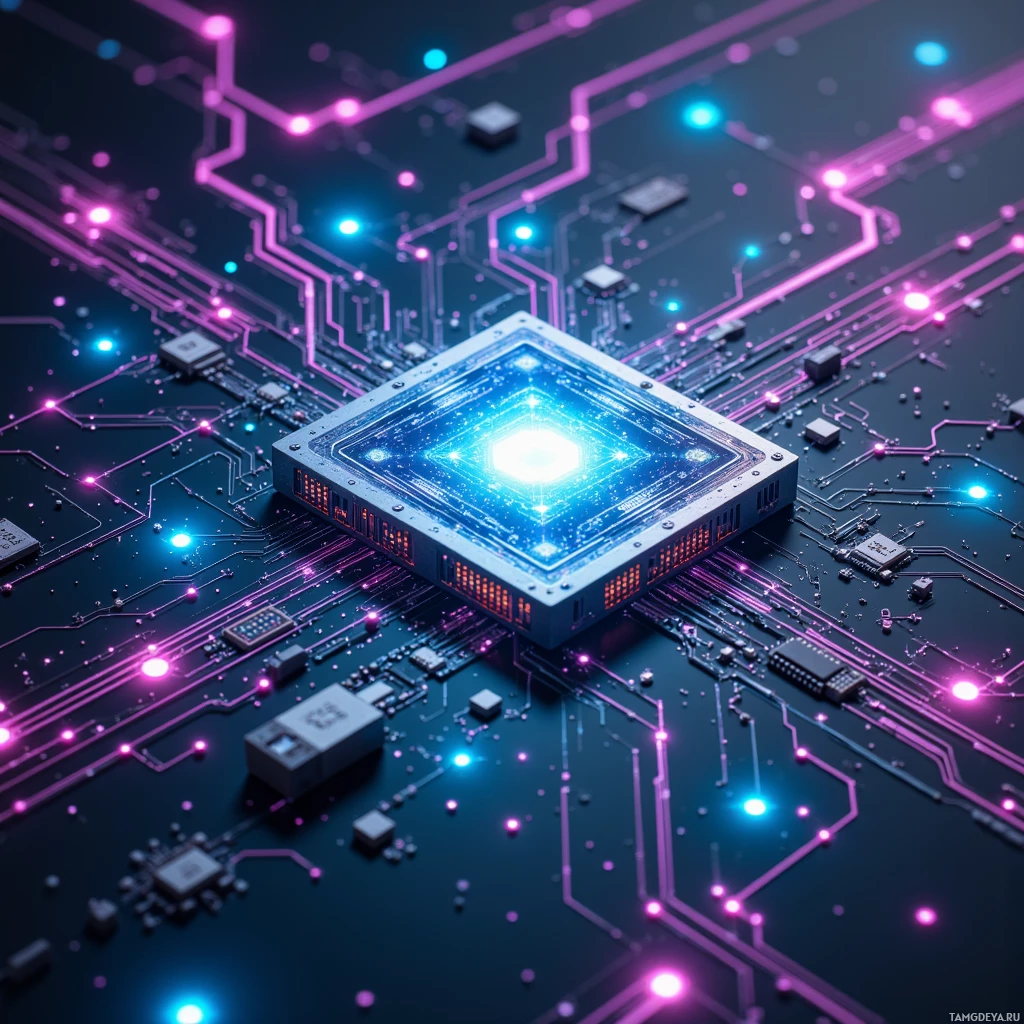 A futuristic circuit board with glowing components and neon lights.