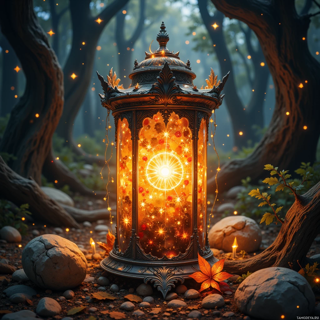 A glowing lantern in a forest setting with autumn leaves and sparkling lights.