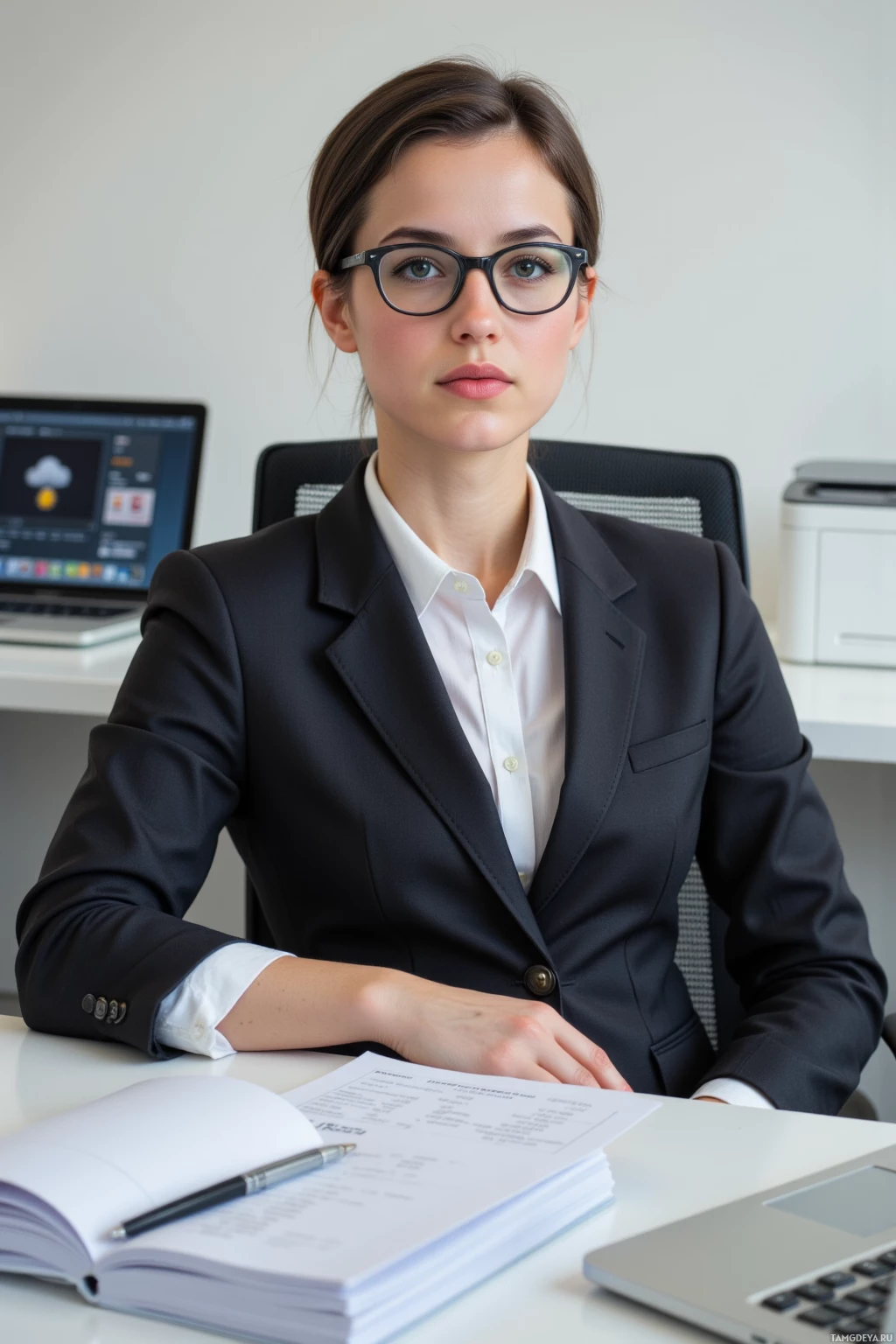 A woman in a professional setting, wearing a suit and glasses, sits at a desk with a laptop and documents.