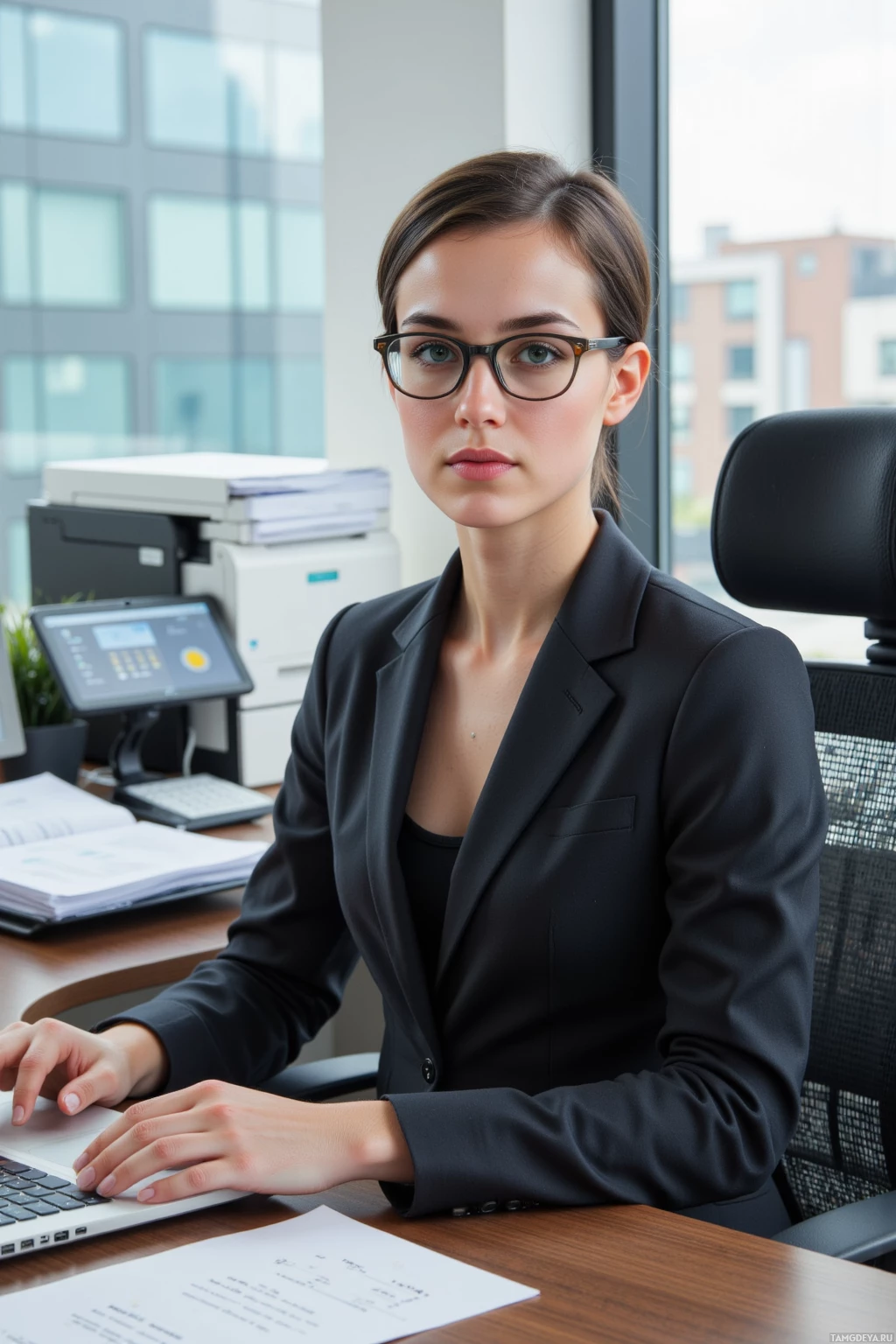 A professional woman in a suit is seated at a desk, working on a laptop in an office setting.