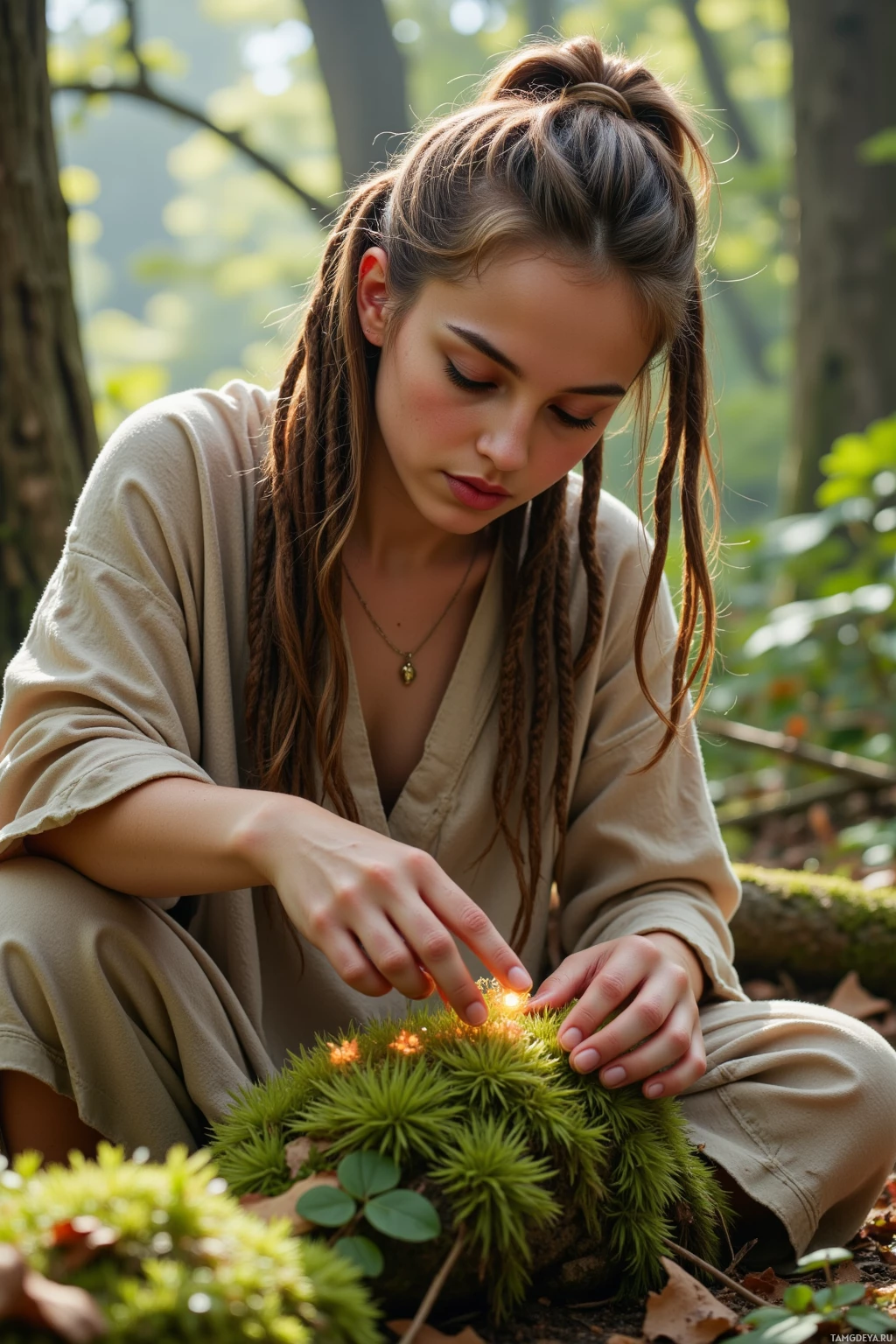 A woman with braided hair sits in a forest, gently touching a glowing mossy patch.