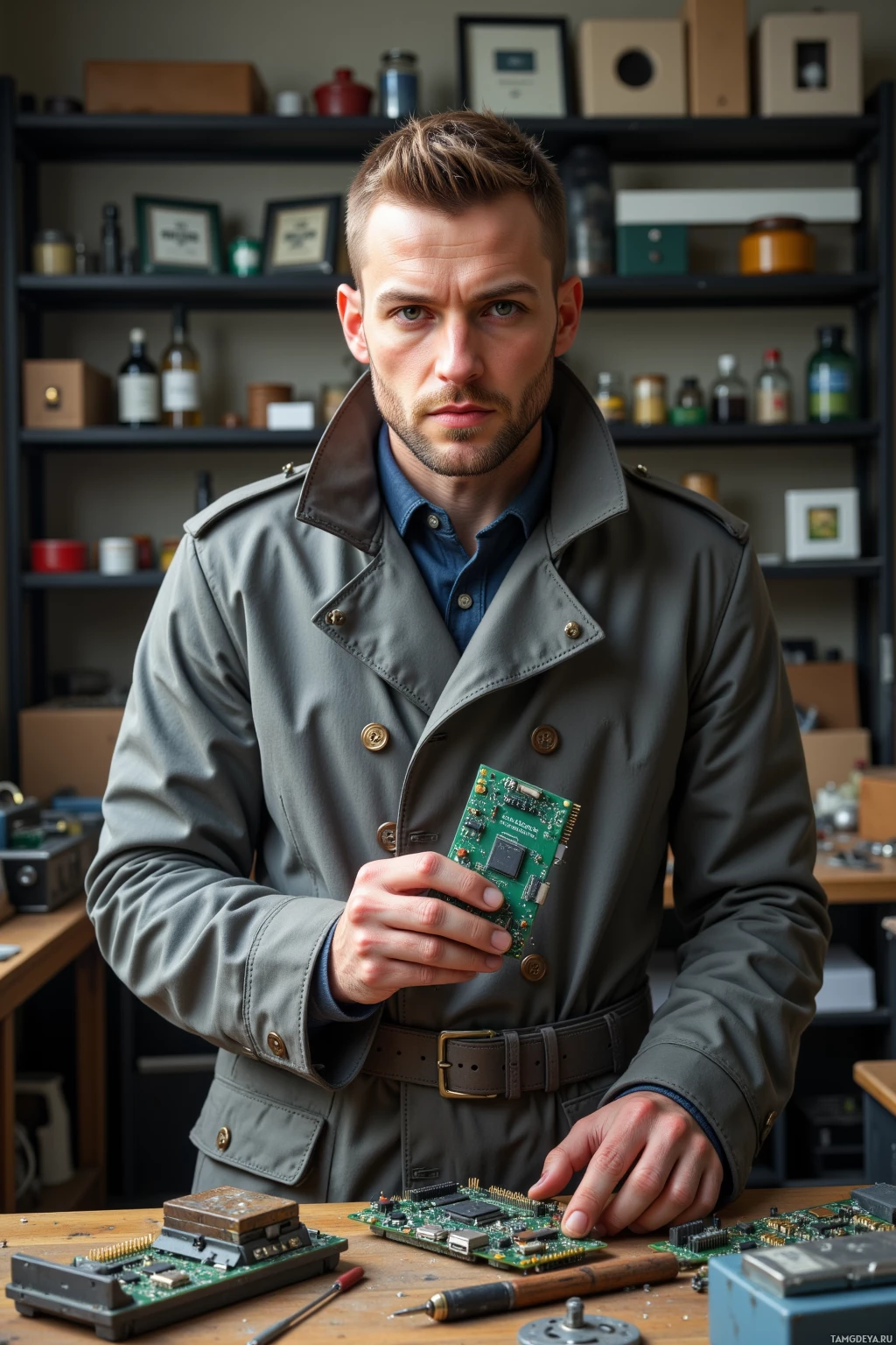 A man in a trench coat holds a circuit board in a workshop setting.