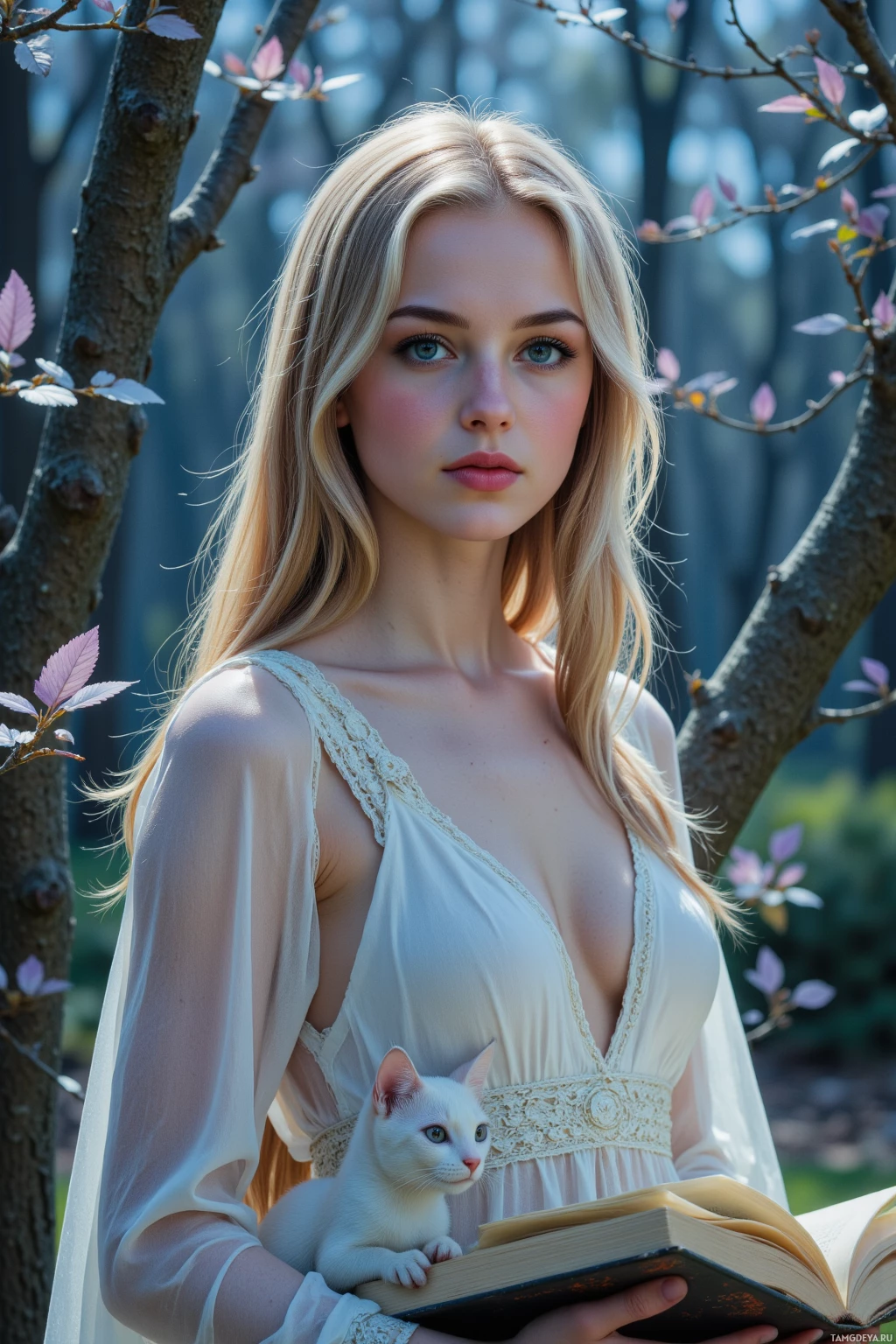 A woman in a white dress holds a book and a white cat, surrounded by blooming branches.