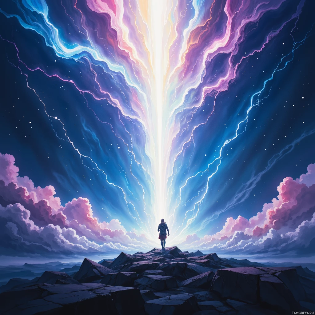 A lone figure stands atop rocky terrain, gazing upward at a radiant, colorful light beam piercing the night sky.