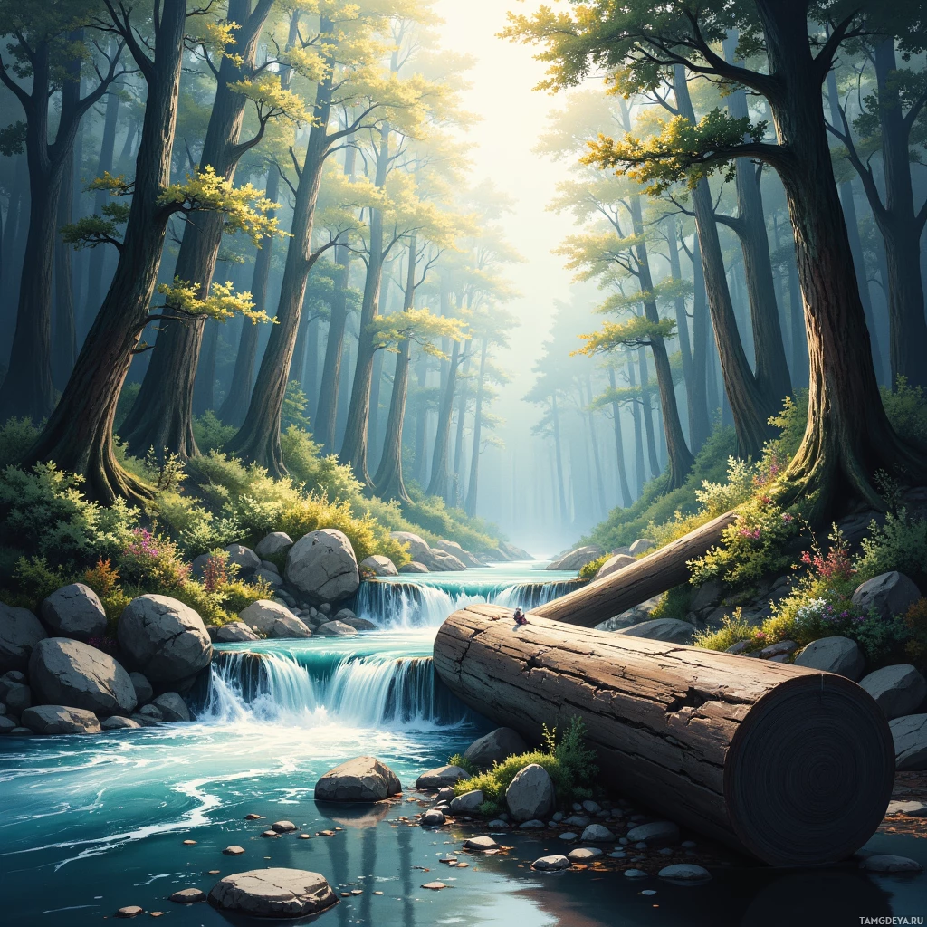 A serene forest scene with a flowing river, tall trees, and a fallen log.