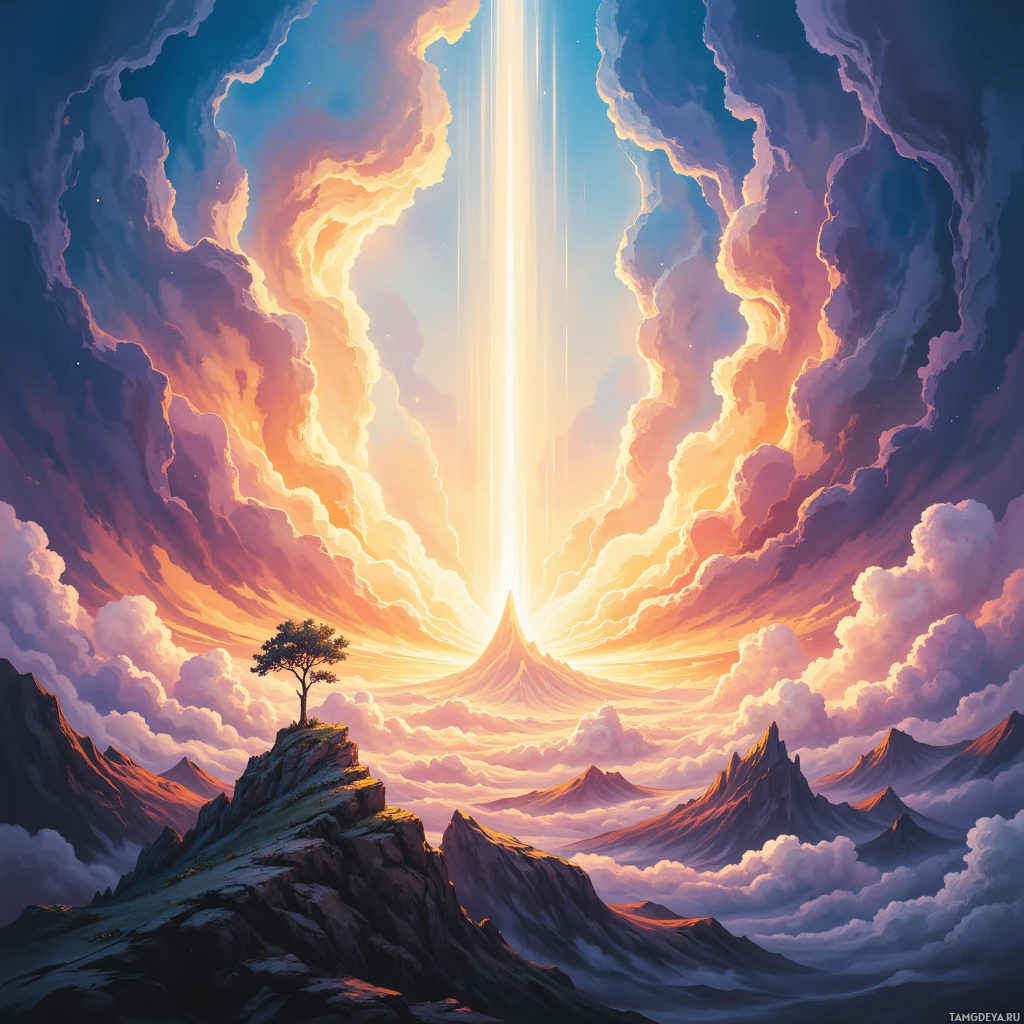 A serene landscape featuring a lone tree atop a rocky peak, surrounded by majestic mountains and a vibrant sky with dramatic clouds and a radiant light beam.