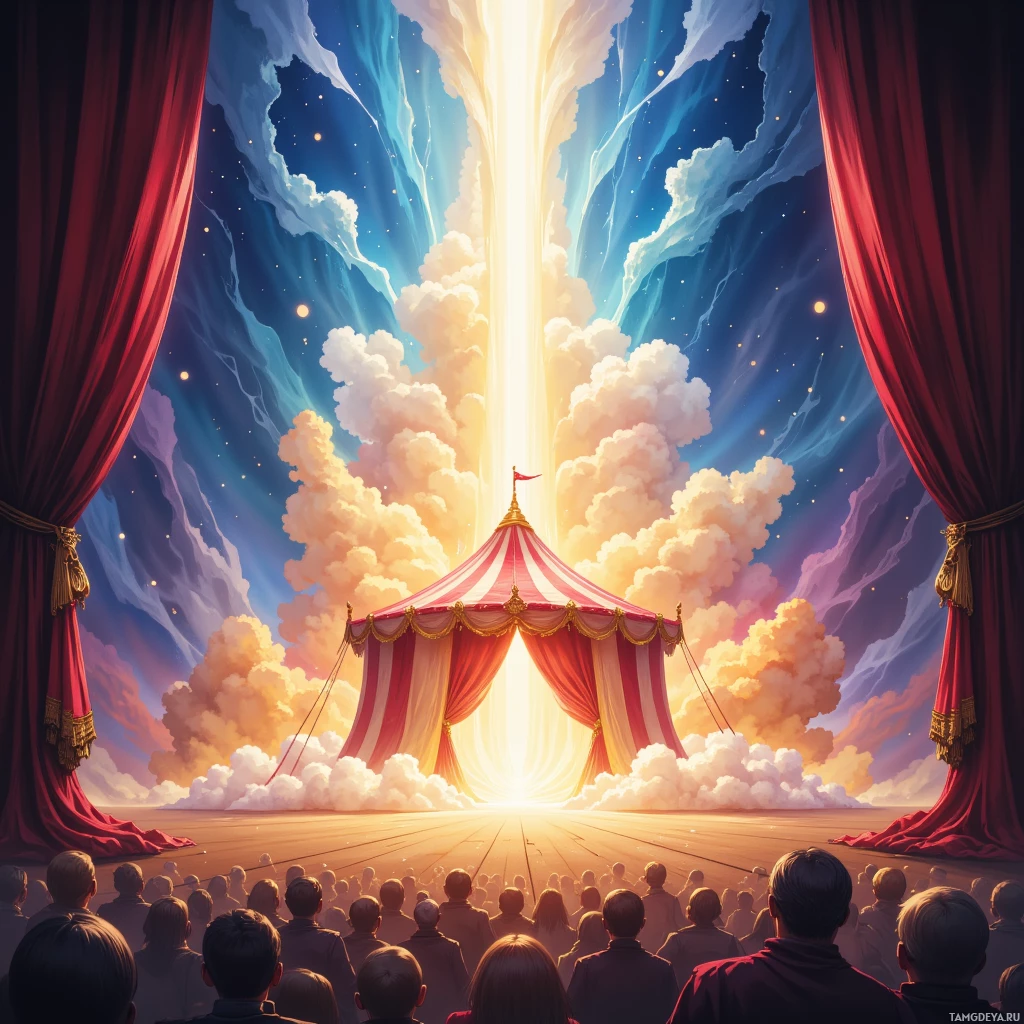 A grand circus tent with red and white stripes stands under a vibrant sky with clouds and stars, surrounded by an audience.