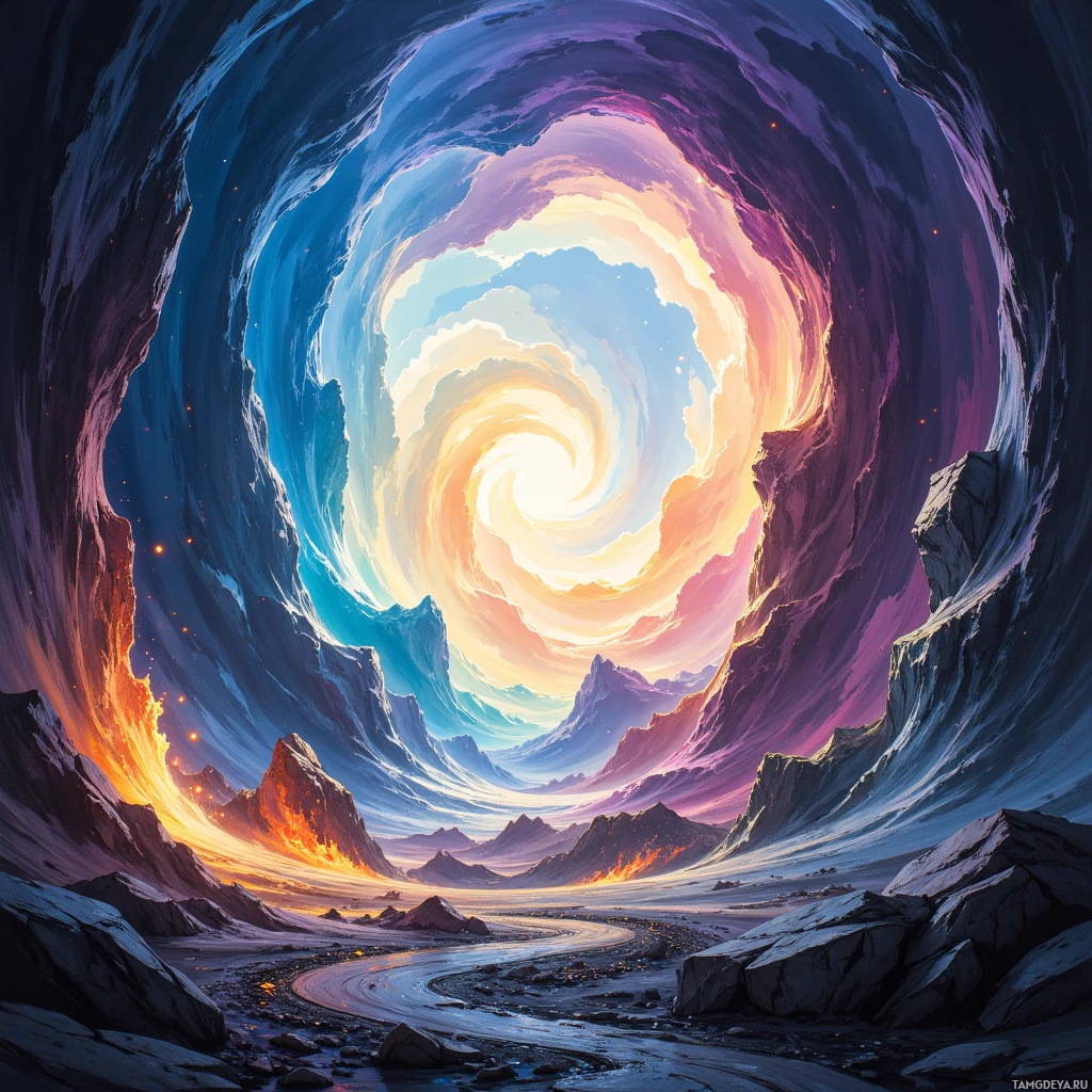 A surreal, swirling landscape with a vibrant, cosmic sky and rocky terrain.