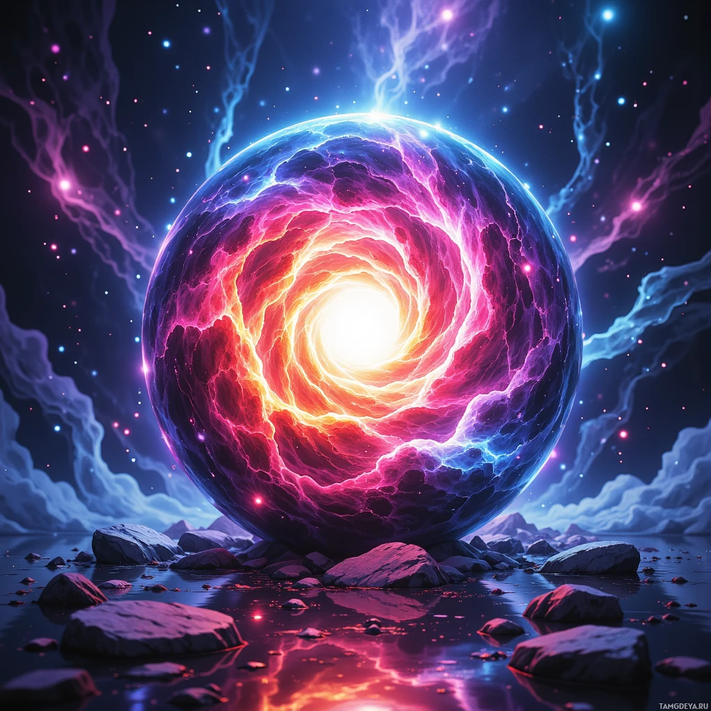 A glowing, colorful portal surrounded by stars and rocks.