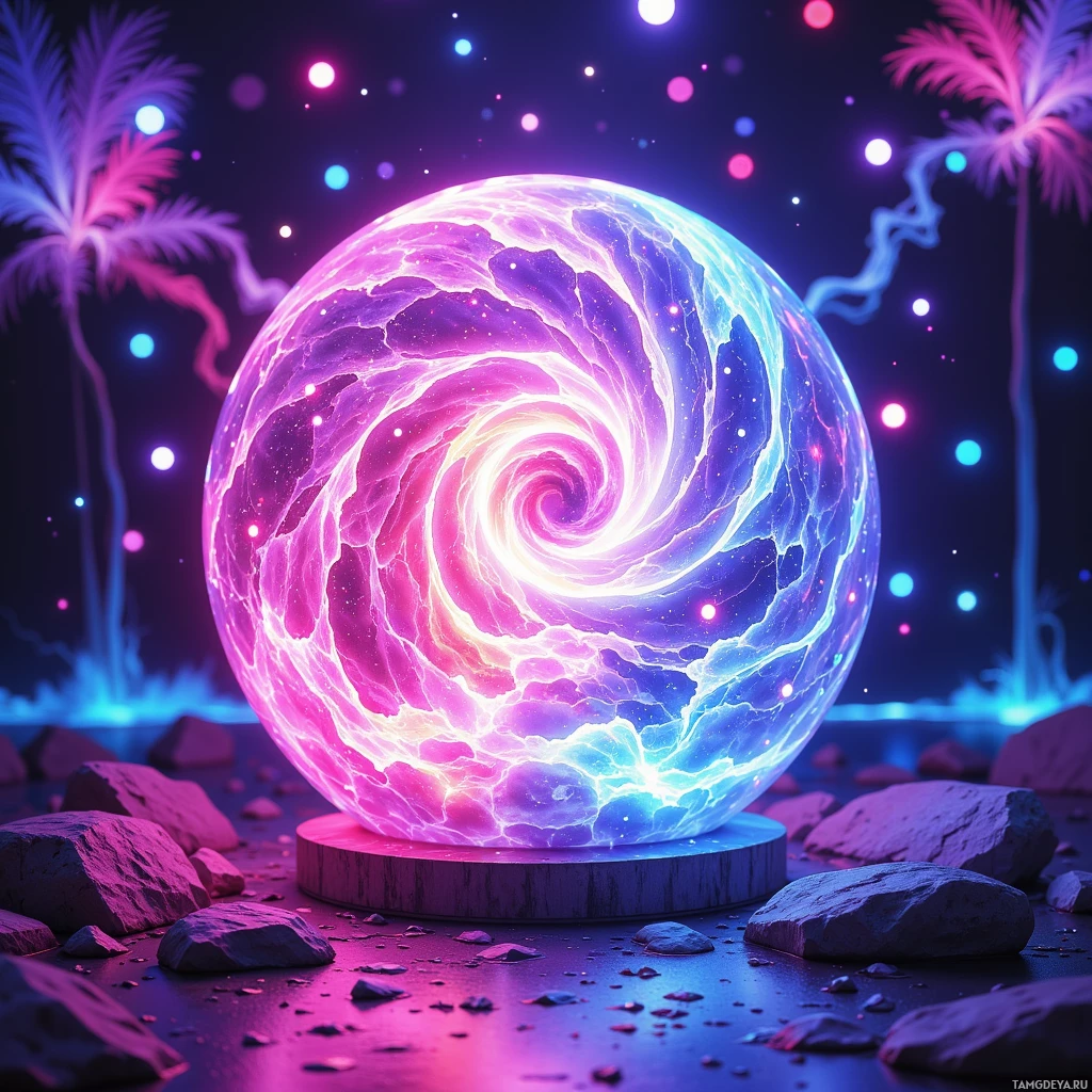 A glowing, swirling orb sits on a wooden base amidst rocks and palm trees under a starry night sky.
