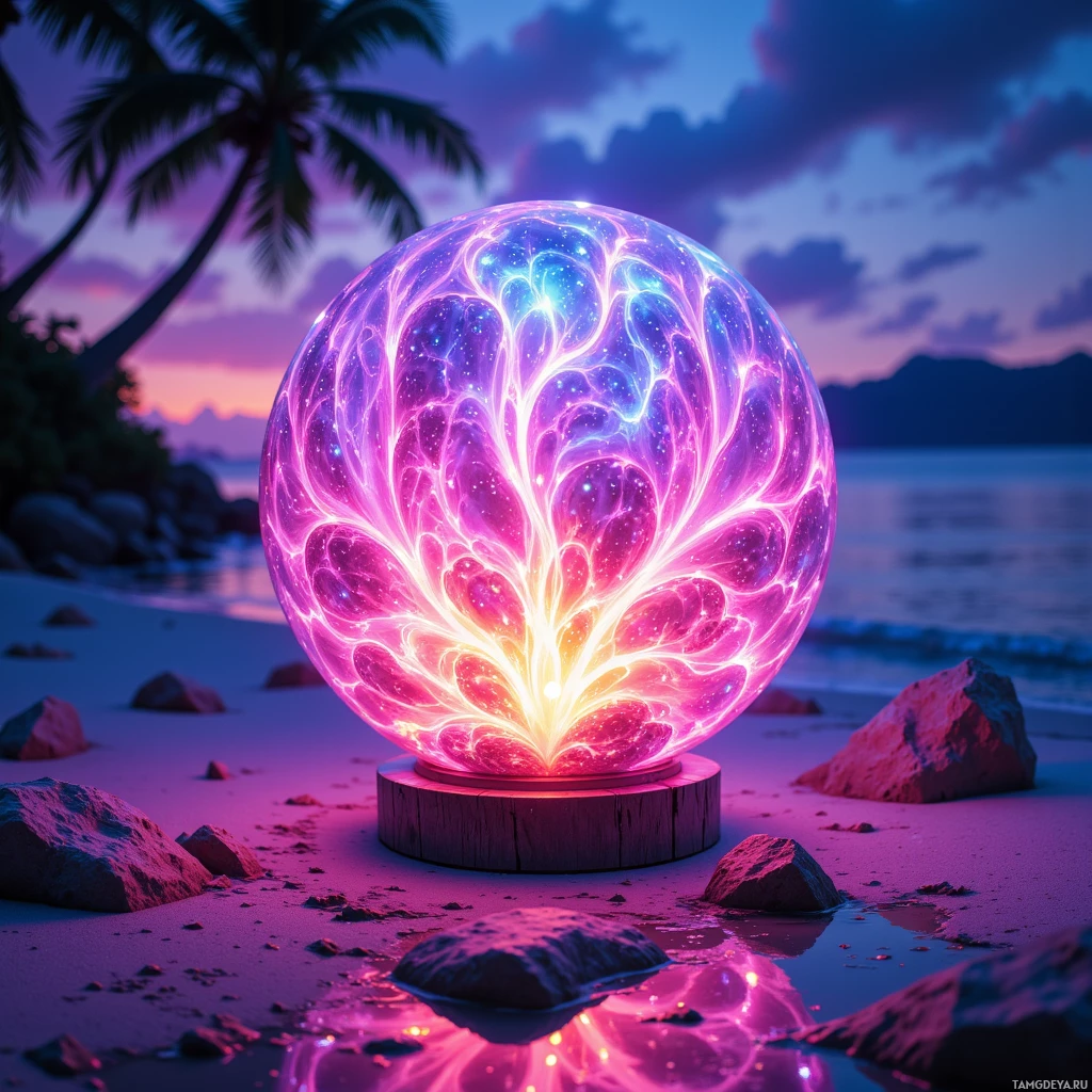 A glowing, intricate sphere sits on a wooden base, casting a vibrant light on a beach with palm trees and a sunset sky.