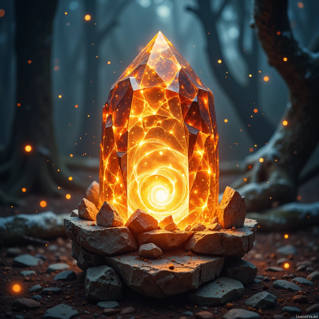 A glowing crystal structure sits atop a stone pedestal in a misty forest setting.
