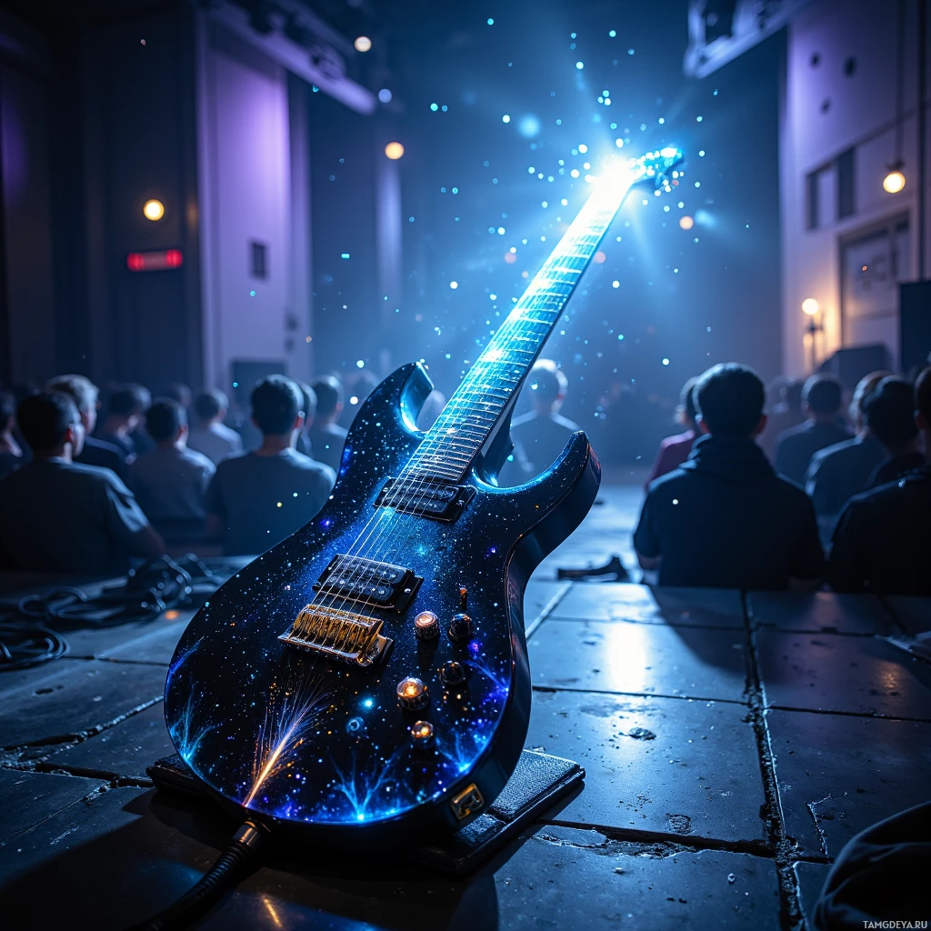 A glowing electric guitar is displayed on a stage in front of an audience.