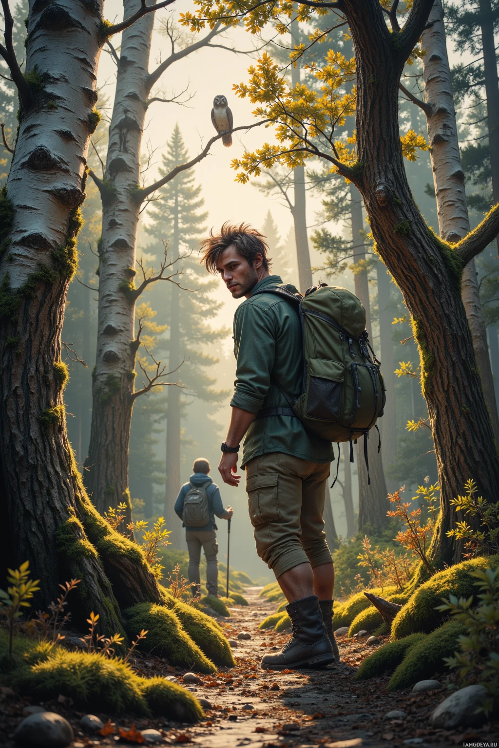 Two hikers walk along a forest path surrounded by tall trees and lush greenery.